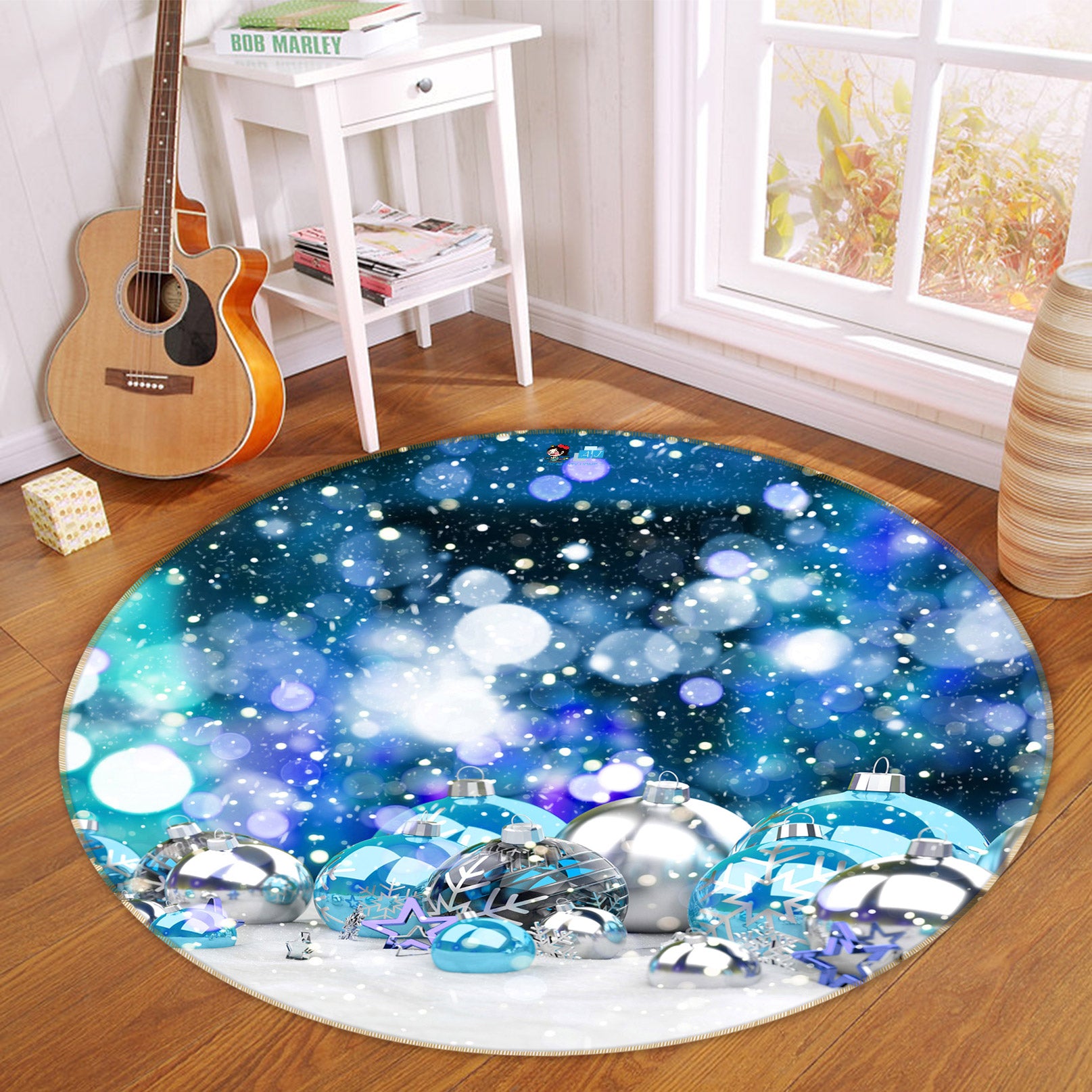 3D Silver Blue Ball 55204 Christmas Round Non Slip Rug Mat Xmas