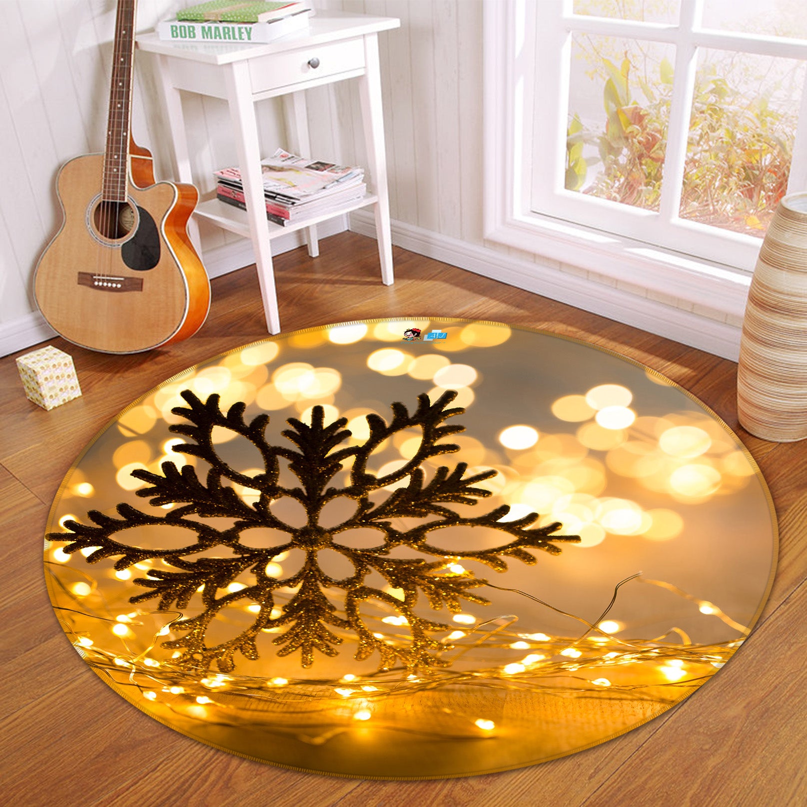 3D Snowflake Light 55261 Christmas Round Non Slip Rug Mat Xmas