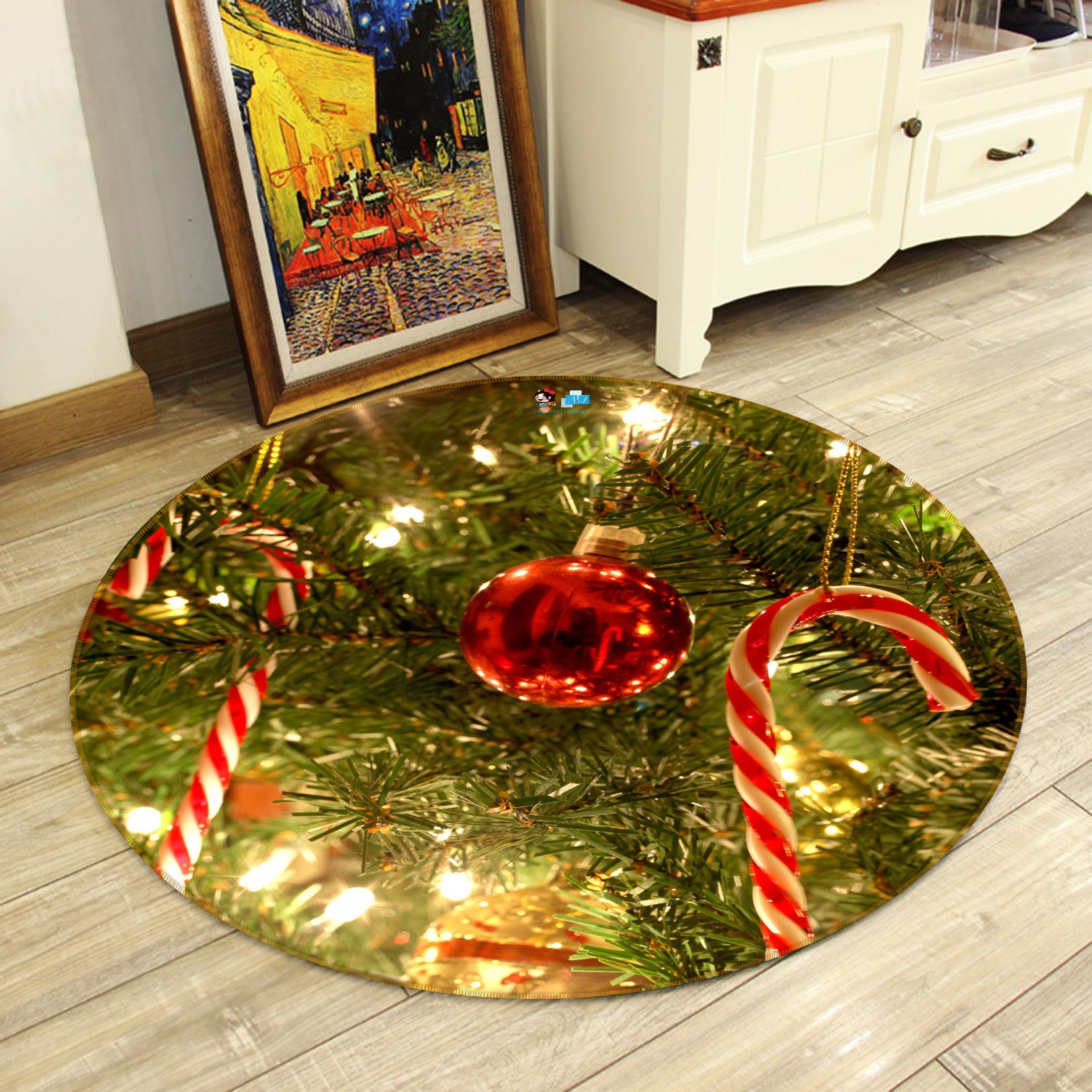 3D Candy Cane Red Ball 55224 Christmas Round Non Slip Rug Mat Xmas