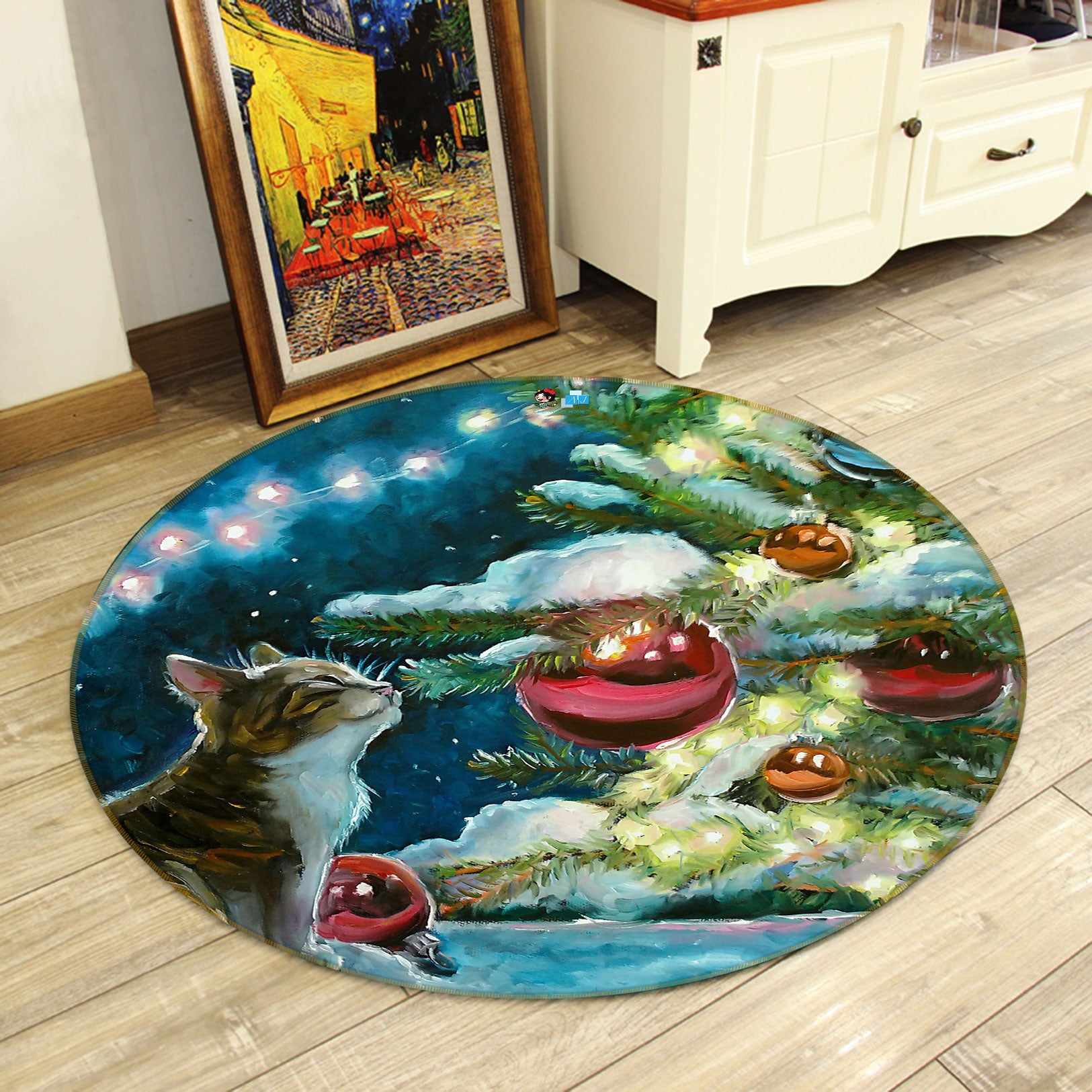 3D Cat Tree Ball 55234 Christmas Round Non Slip Rug Mat Xmas
