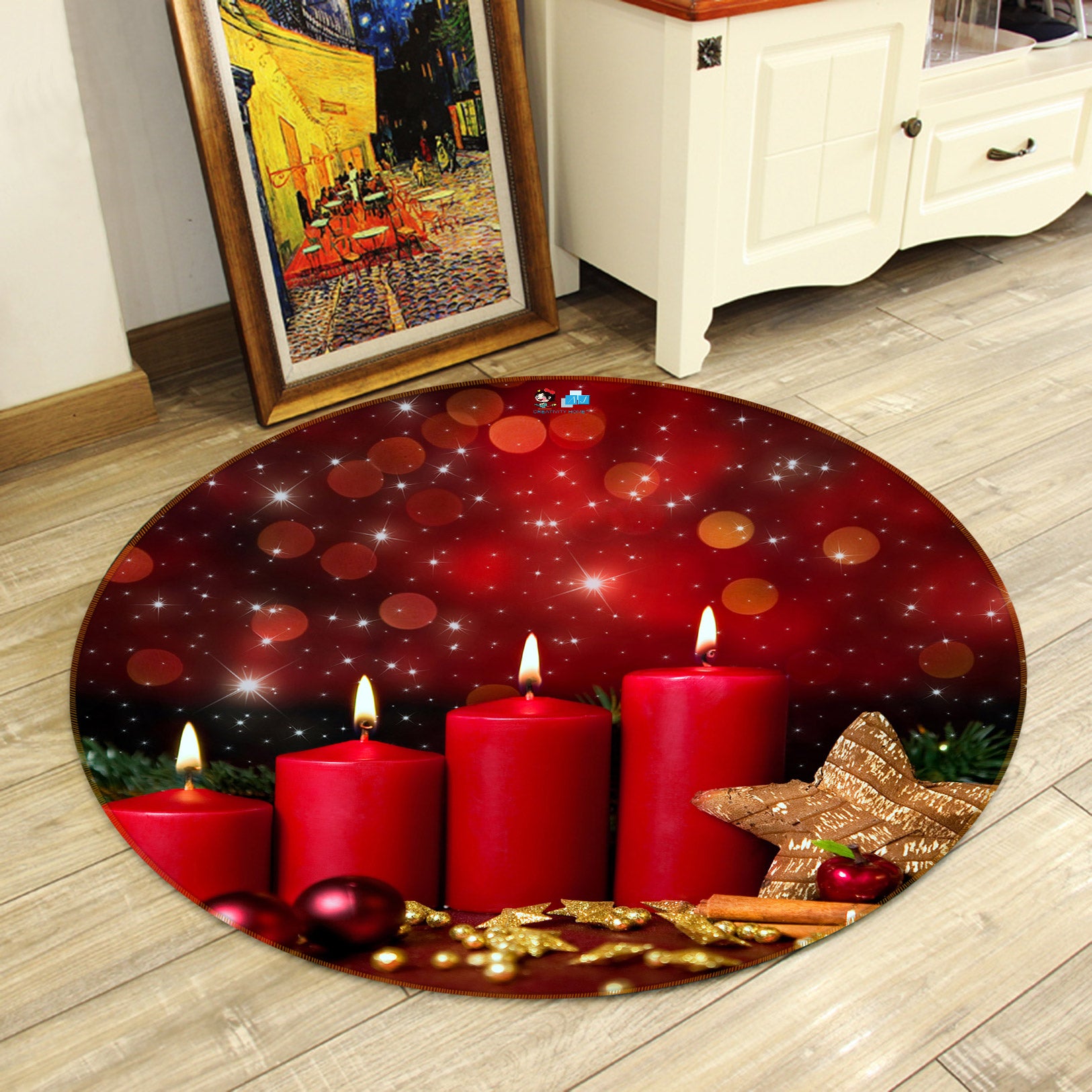 3D Red Candle 55166 Christmas Round Non Slip Rug Mat Xmas