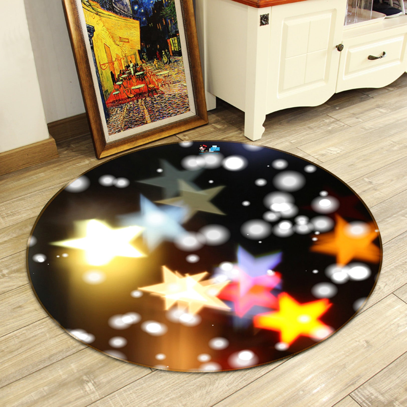 3D Colored Five-Pointed Star 56003 Christmas Round Non Slip Rug Mat Xmas