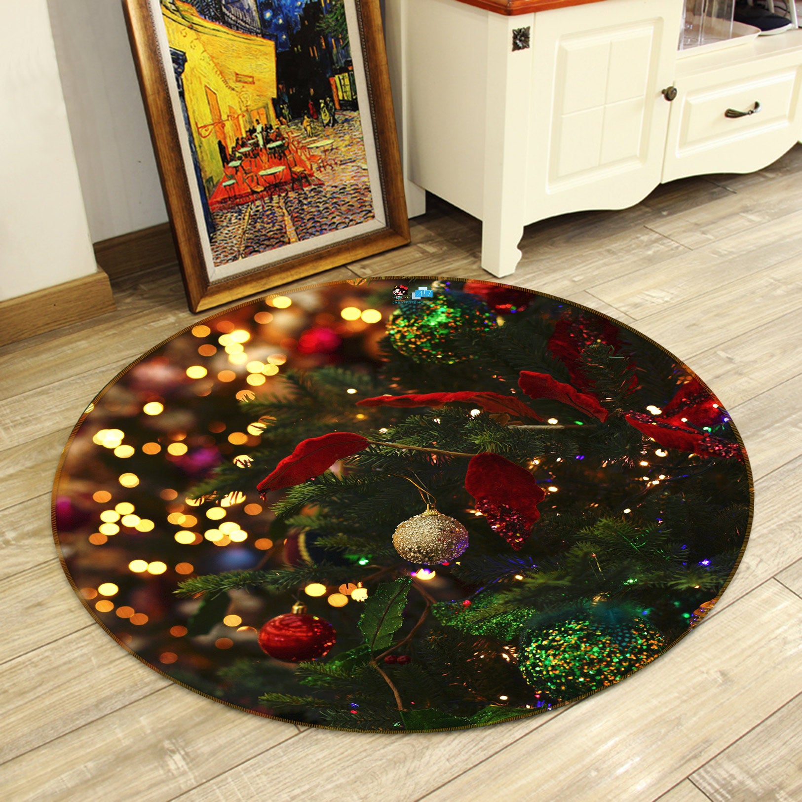 3D Tree Pendant 55238 Christmas Round Non Slip Rug Mat Xmas