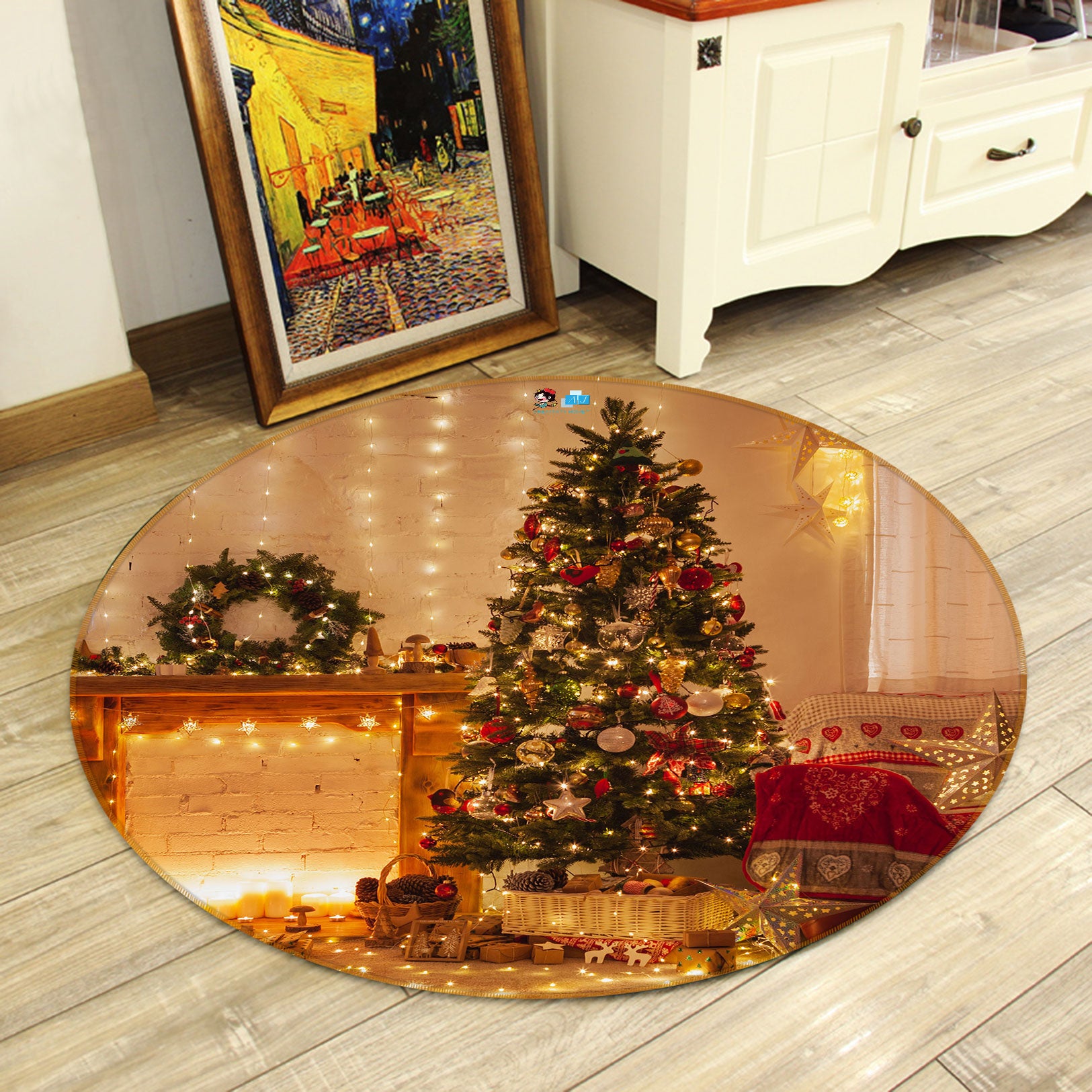 3D Tree String Lights 55235 Christmas Round Non Slip Rug Mat Xmas