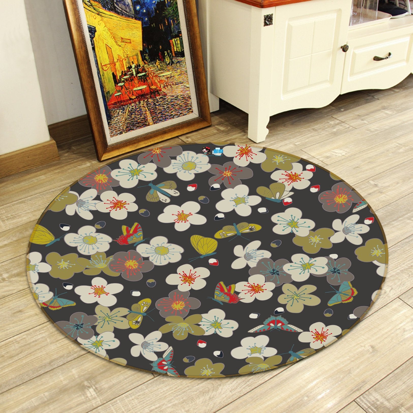 3D Butterfly White Flower 320 Round Non Slip Rug Mat Mat AJ Creativity Home 