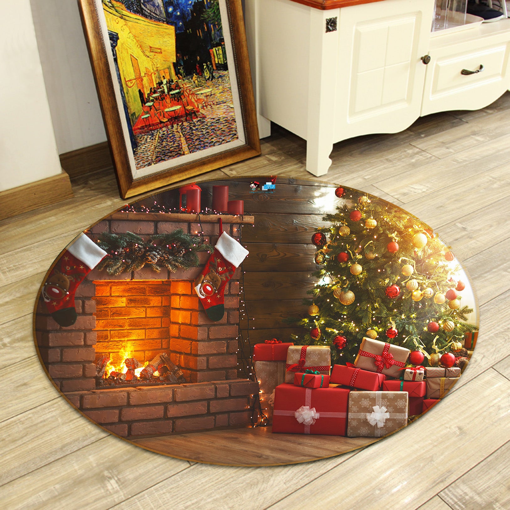 3D Fireplace Gift 56058 Christmas Round Non Slip Rug Mat Xmas