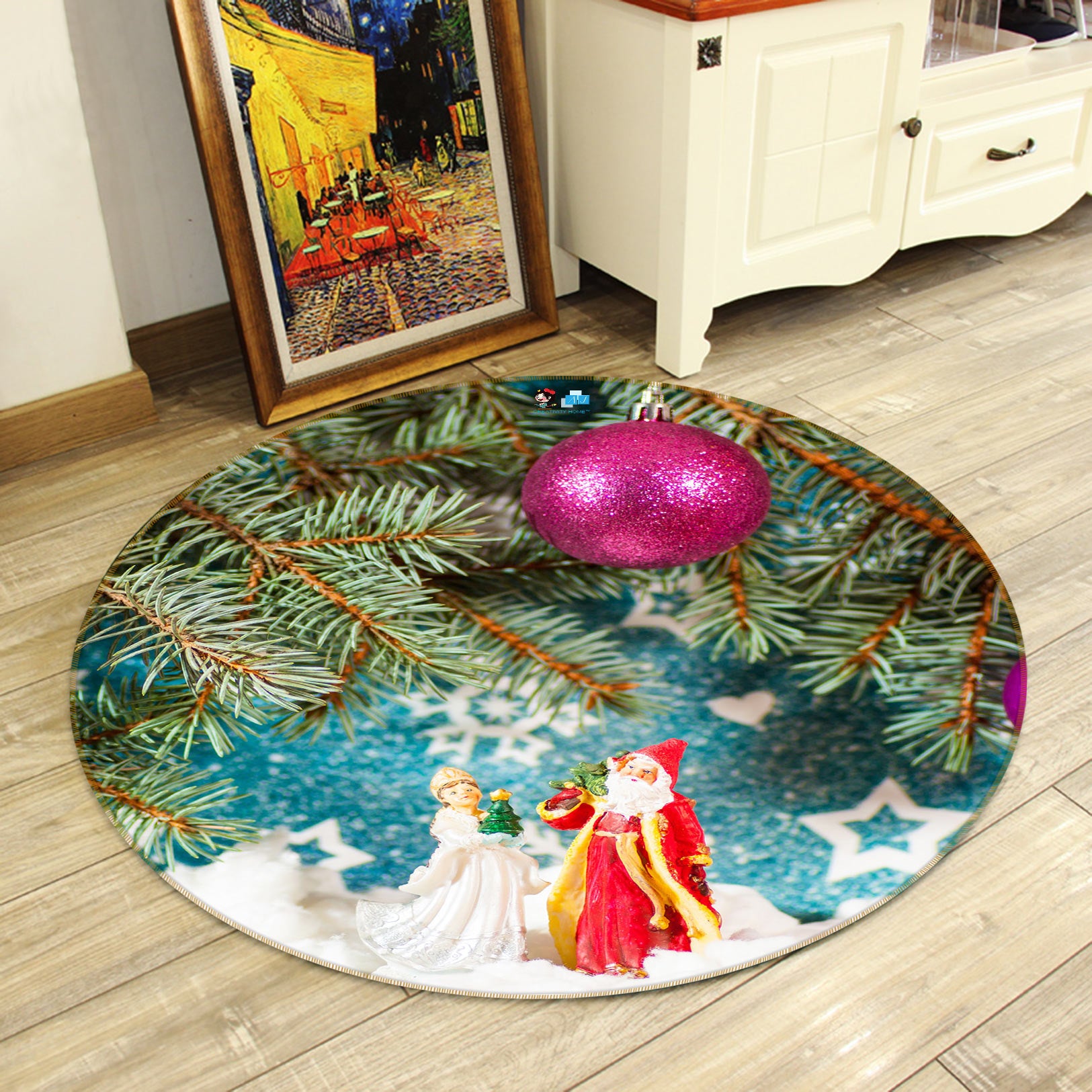 3D Santa Claus Ornaments 55219 Christmas Round Non Slip Rug Mat Xmas