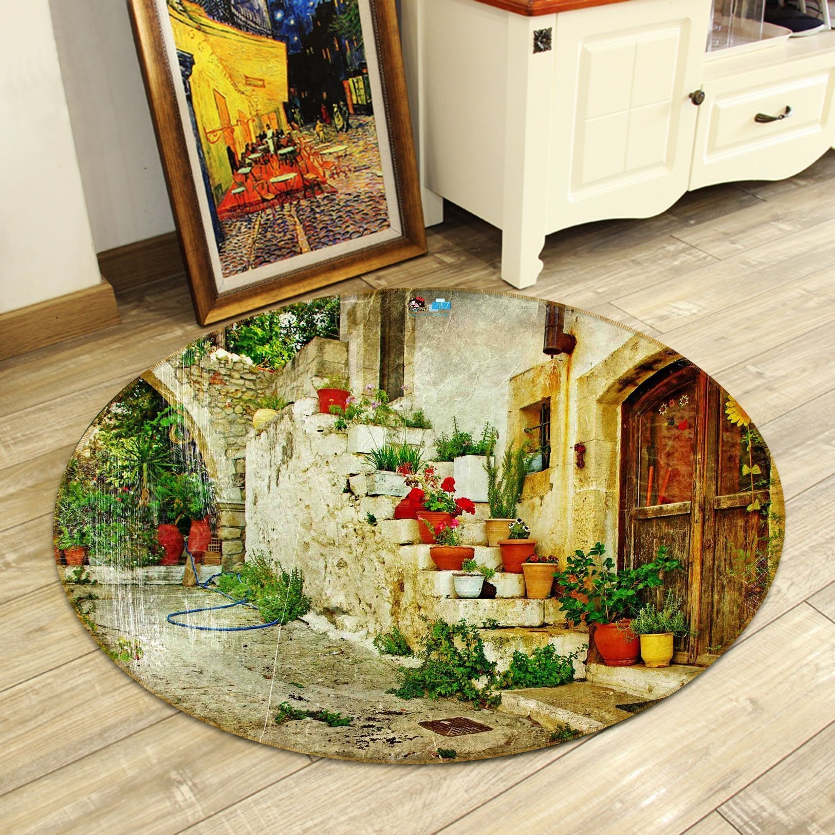 3D Courtyard Potted Plants 18 Round Non Slip Rug Mat Mat AJ Creativity Home 