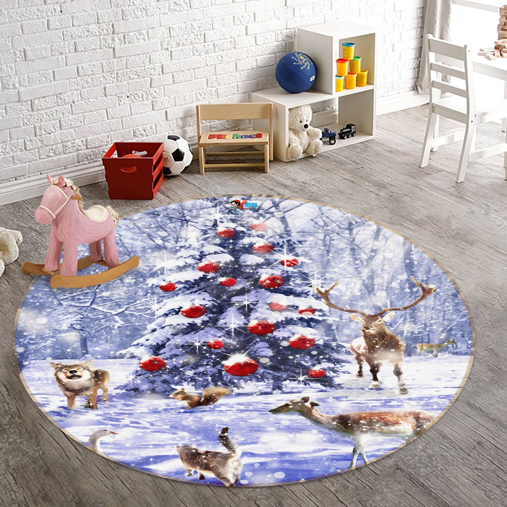 3D Snow Tree Deer 55185 Christmas Round Non Slip Rug Mat Xmas