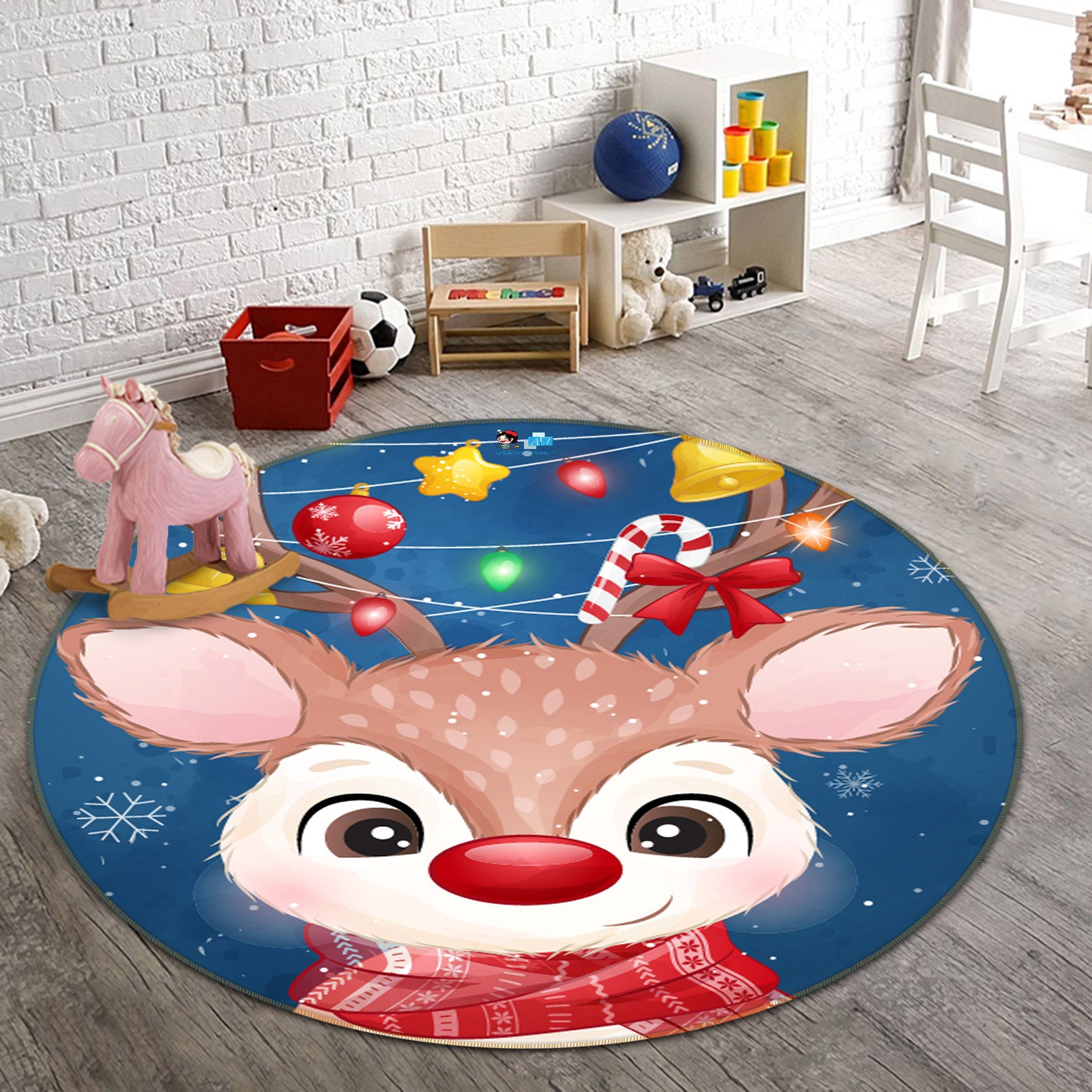 3D Deer 55264 Christmas Round Non Slip Rug Mat Xmas