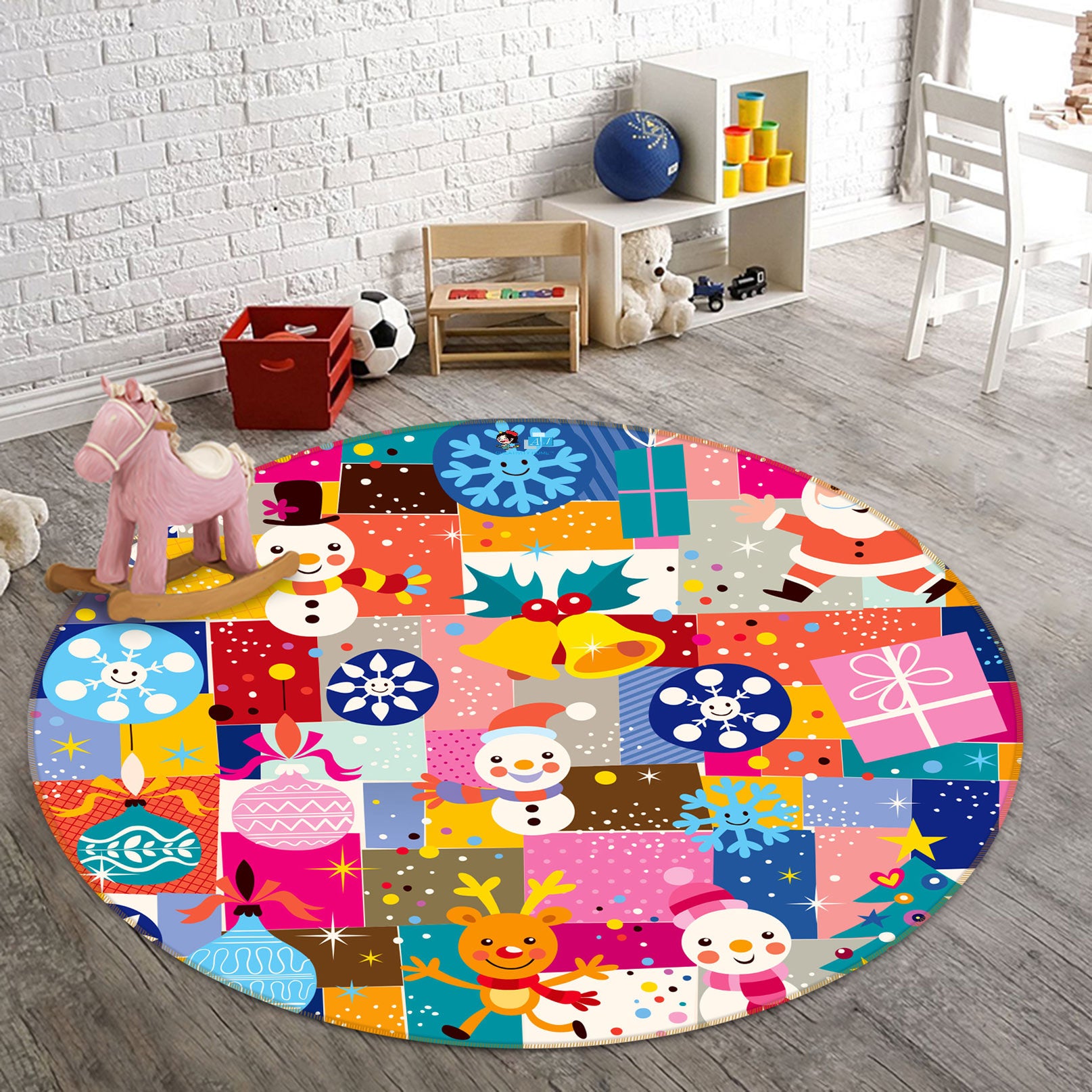 3D Colorful Square Snowman Bell 55170 Christmas Round Non Slip Rug Mat Xmas