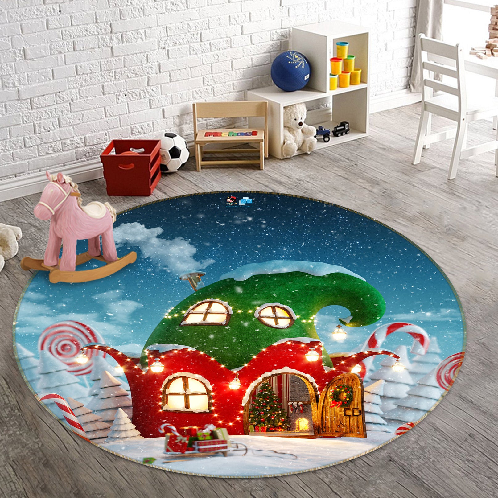 3D Red Green Cabin 55208 Christmas Round Non Slip Rug Mat Xmas