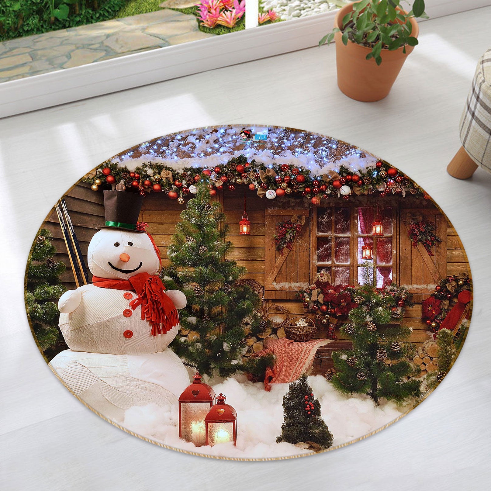 3D Snowman Cabin 55241 Christmas Round Non Slip Rug Mat Xmas