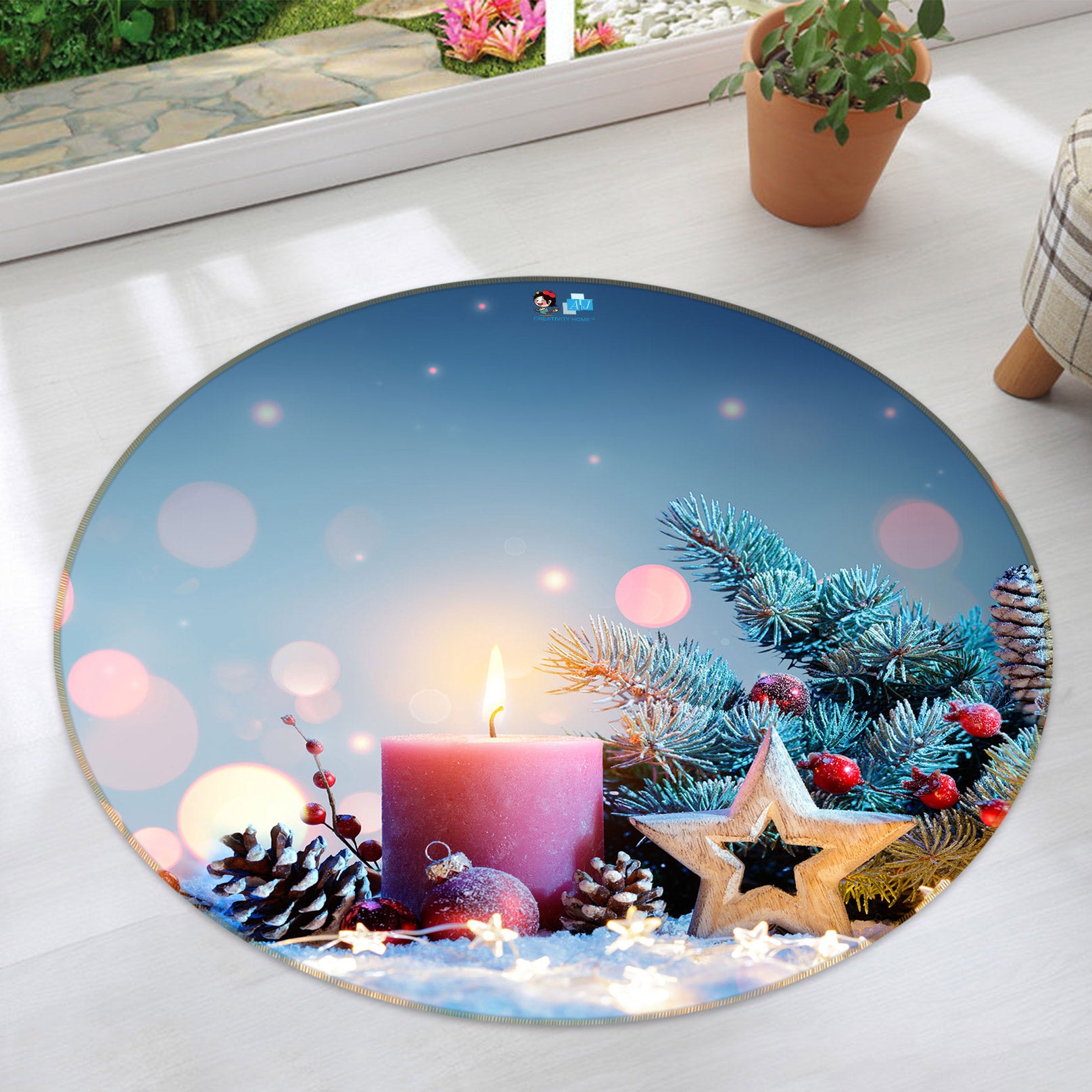3D Candle Five-Pointed Star 55212 Christmas Round Non Slip Rug Mat Xmas