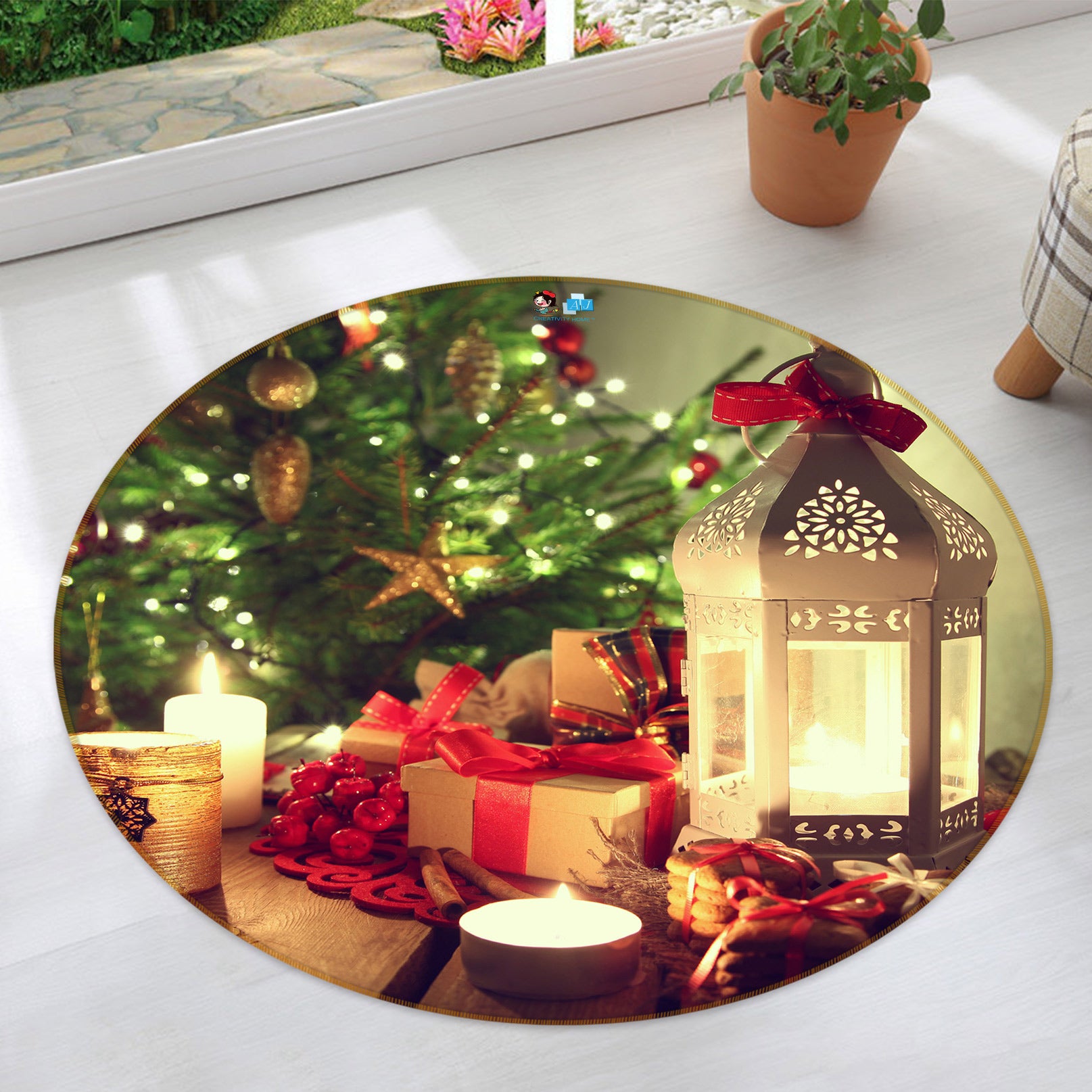 3D Candle Light Gift 55172 Christmas Round Non Slip Rug Mat Xmas