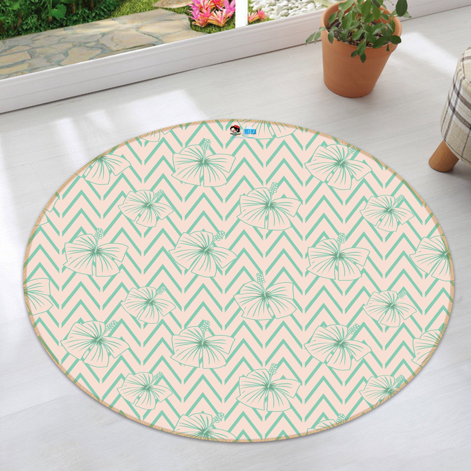 3D Green Flower Stripes 9892 Kasumi Loffler Rug Round Non Slip Rug Mat