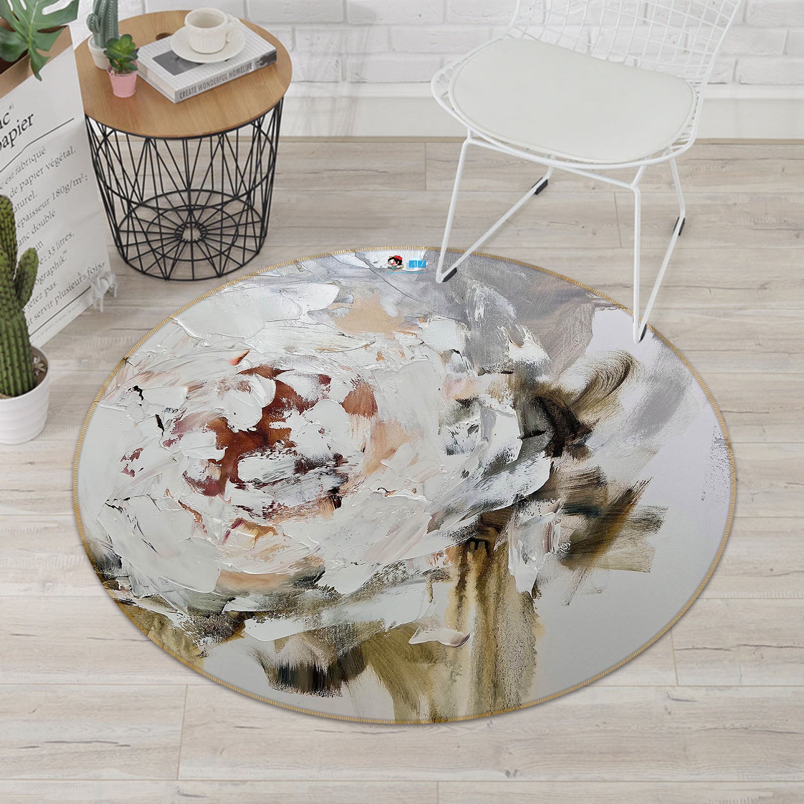 3D White Flower 3906 Skromova Marina Rug Round Non Slip Rug Mat