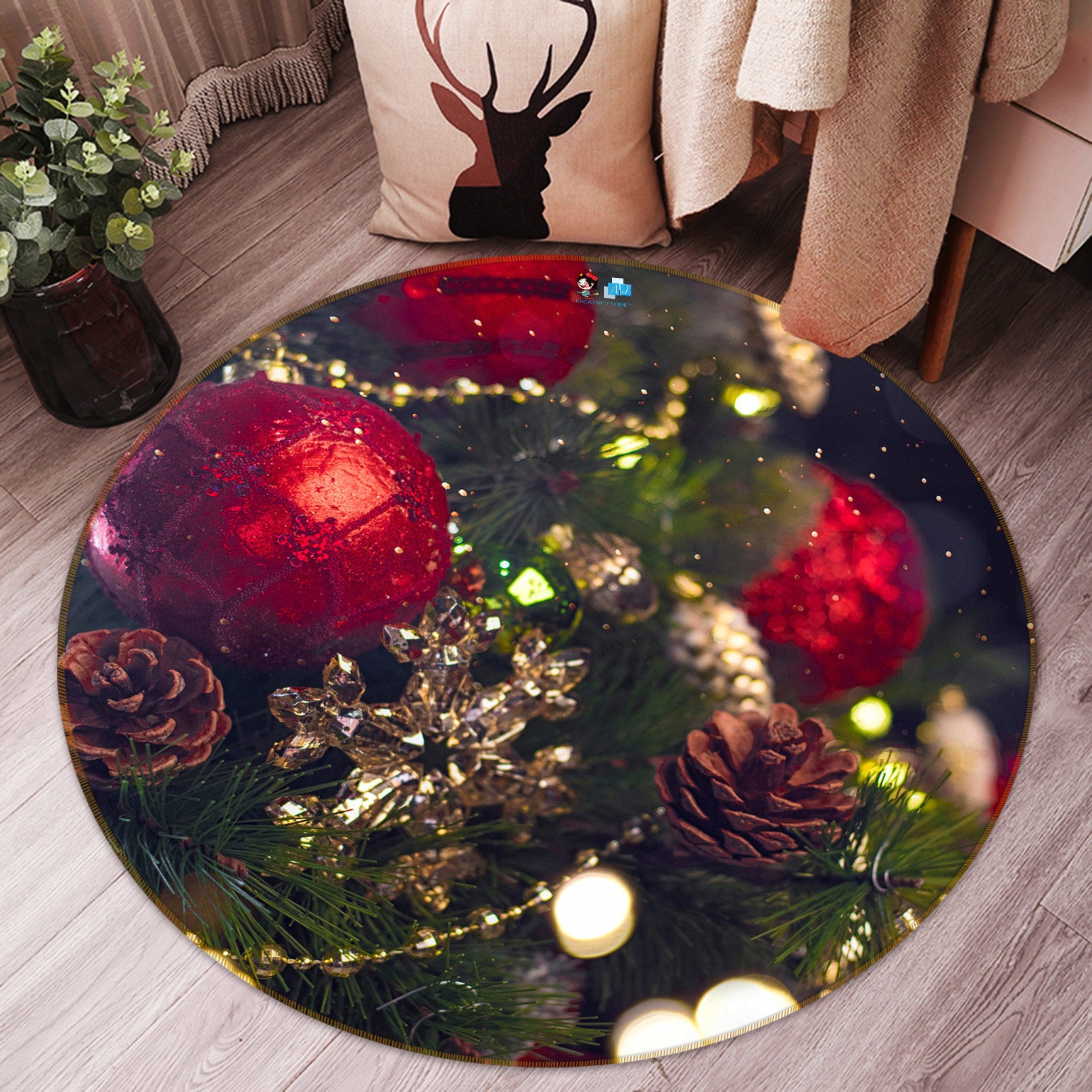 3D Red Ball 55248 Christmas Round Non Slip Rug Mat Xmas