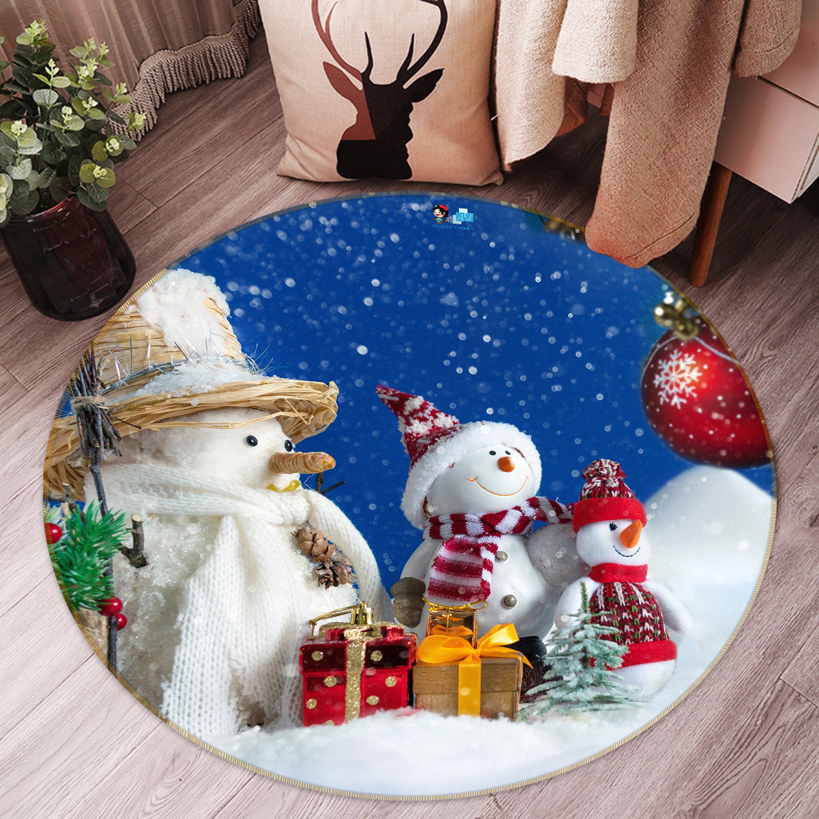 3D Snowman 55253 Christmas Round Non Slip Rug Mat Xmas