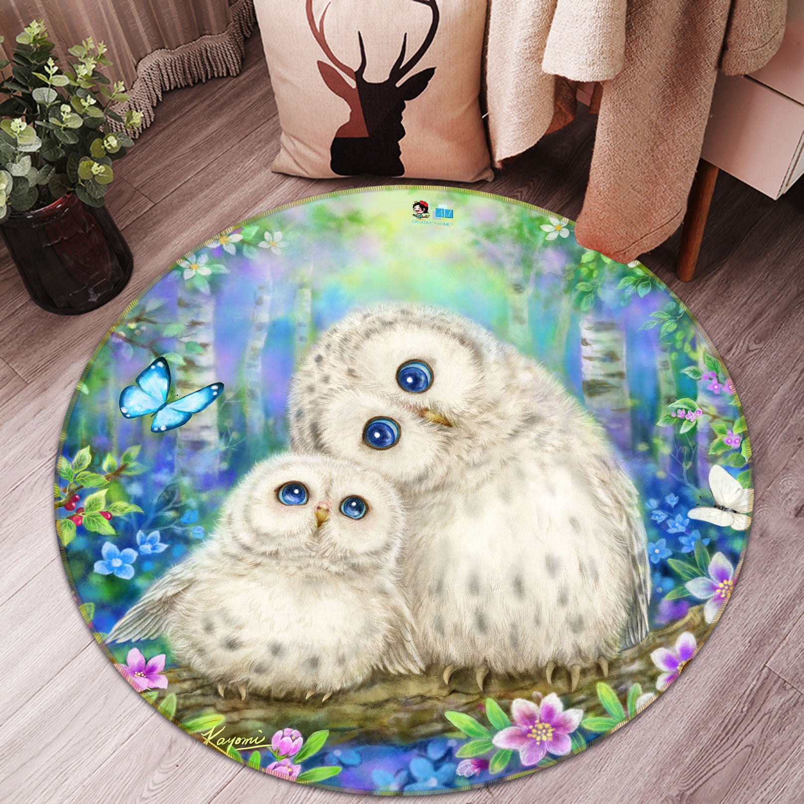 3D White Owl Butterfly 6043 Kayomi Harai Rug Round Non Slip Rug Mat