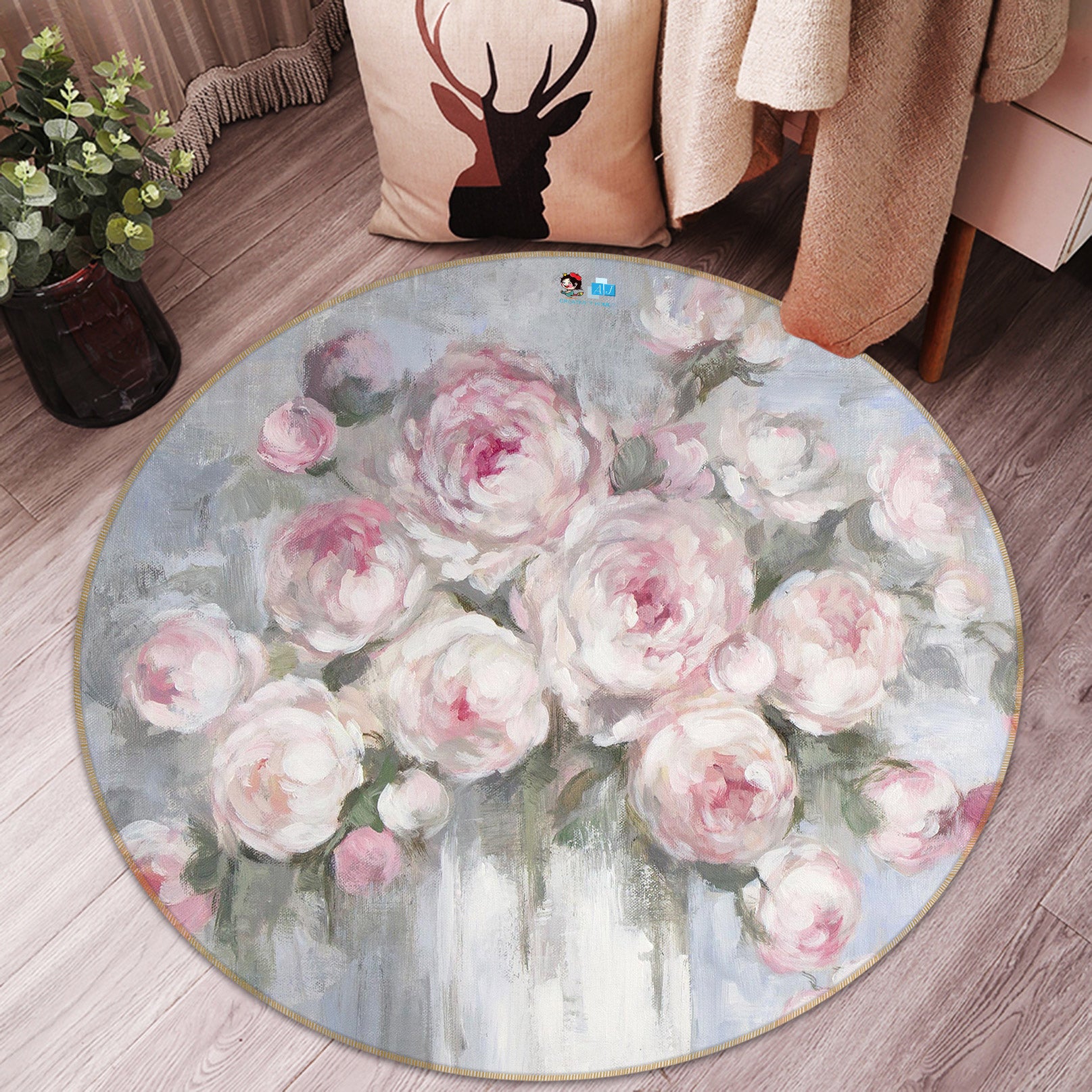 3D Light Pink Rose Vase 1187 Debi Coules Rug Round Non Slip Rug Mat