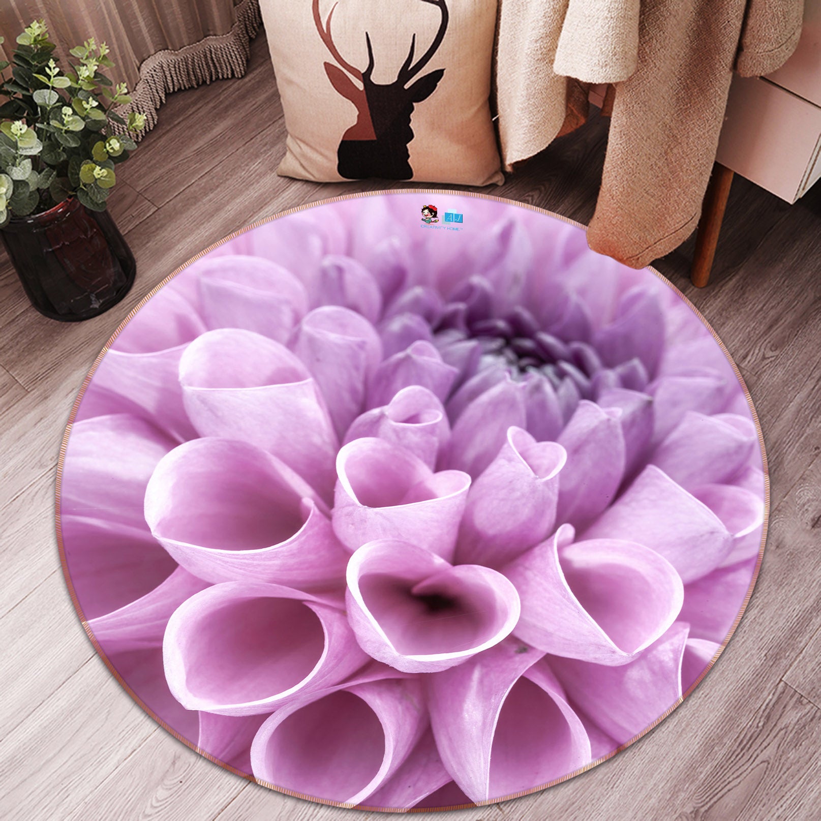 3D Purple Flowers 7330 Assaf Frank Rug Round Non Slip Rug Mat