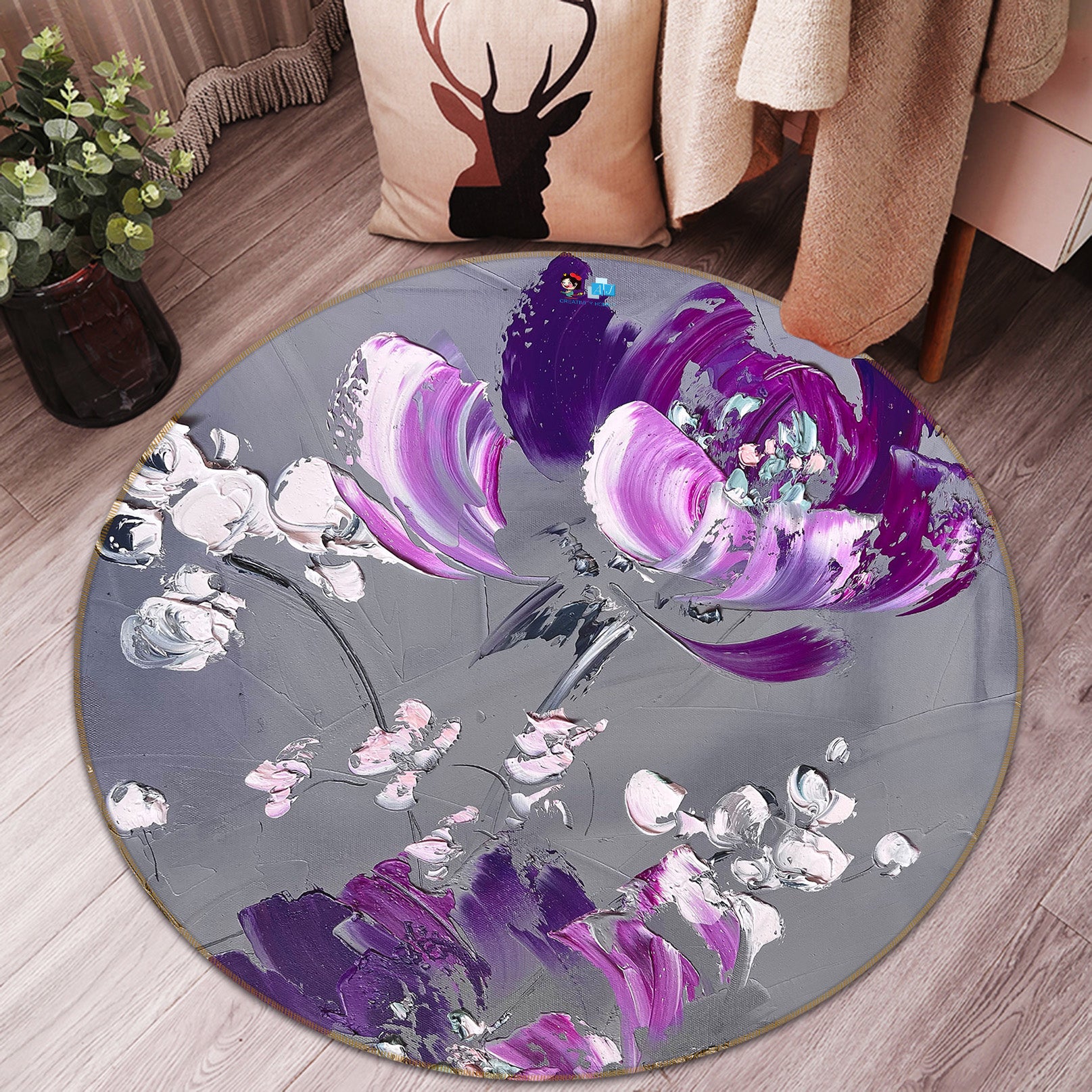 3D Purple Flowers 3877 Skromova Marina Rug Round Non Slip Rug Mat