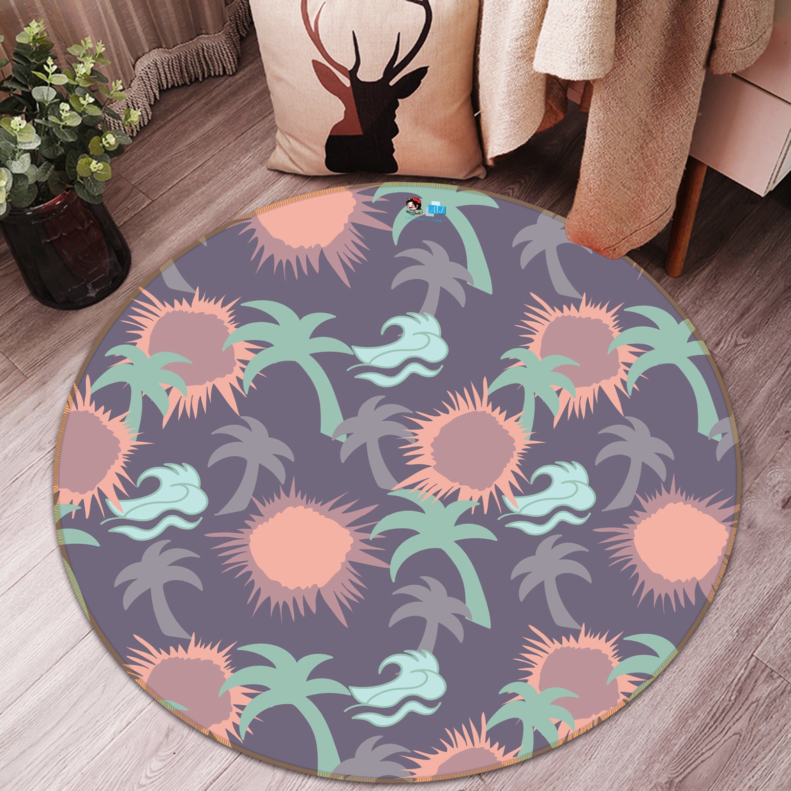 3D Sun Palm Pattern 9896 Kasumi Loffler Rug Round Non Slip Rug Mat
