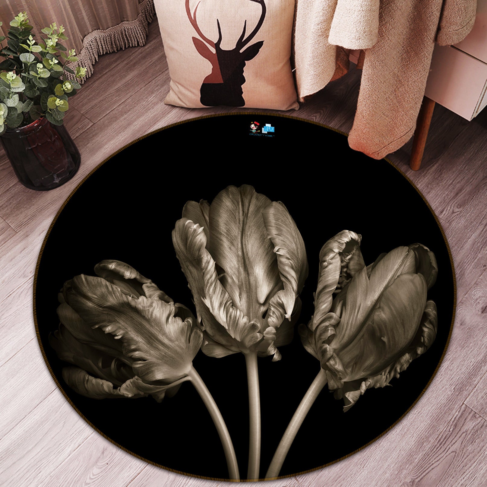 3D Gray Flower 7506 Assaf Frank Rug Round Non Slip Rug Mat