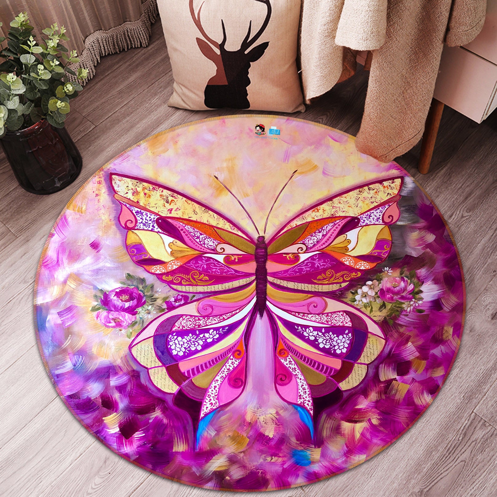 3D Pink Butterfly Petals 892 Skromova Marina Rug Round Non Slip Rug Mat