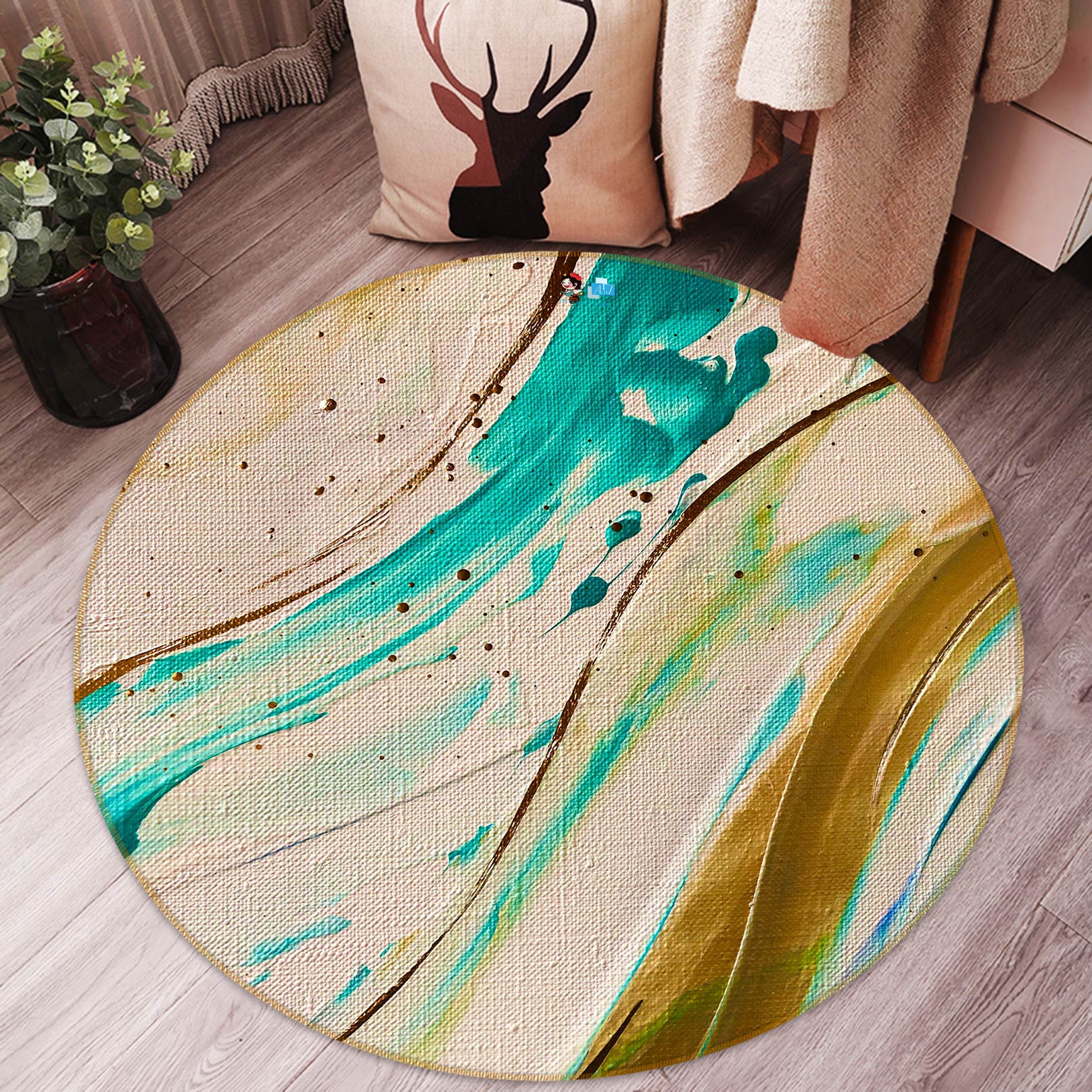 3D Blue Watercolor 738 Skromova Marina Rug Round Non Slip Rug Mat