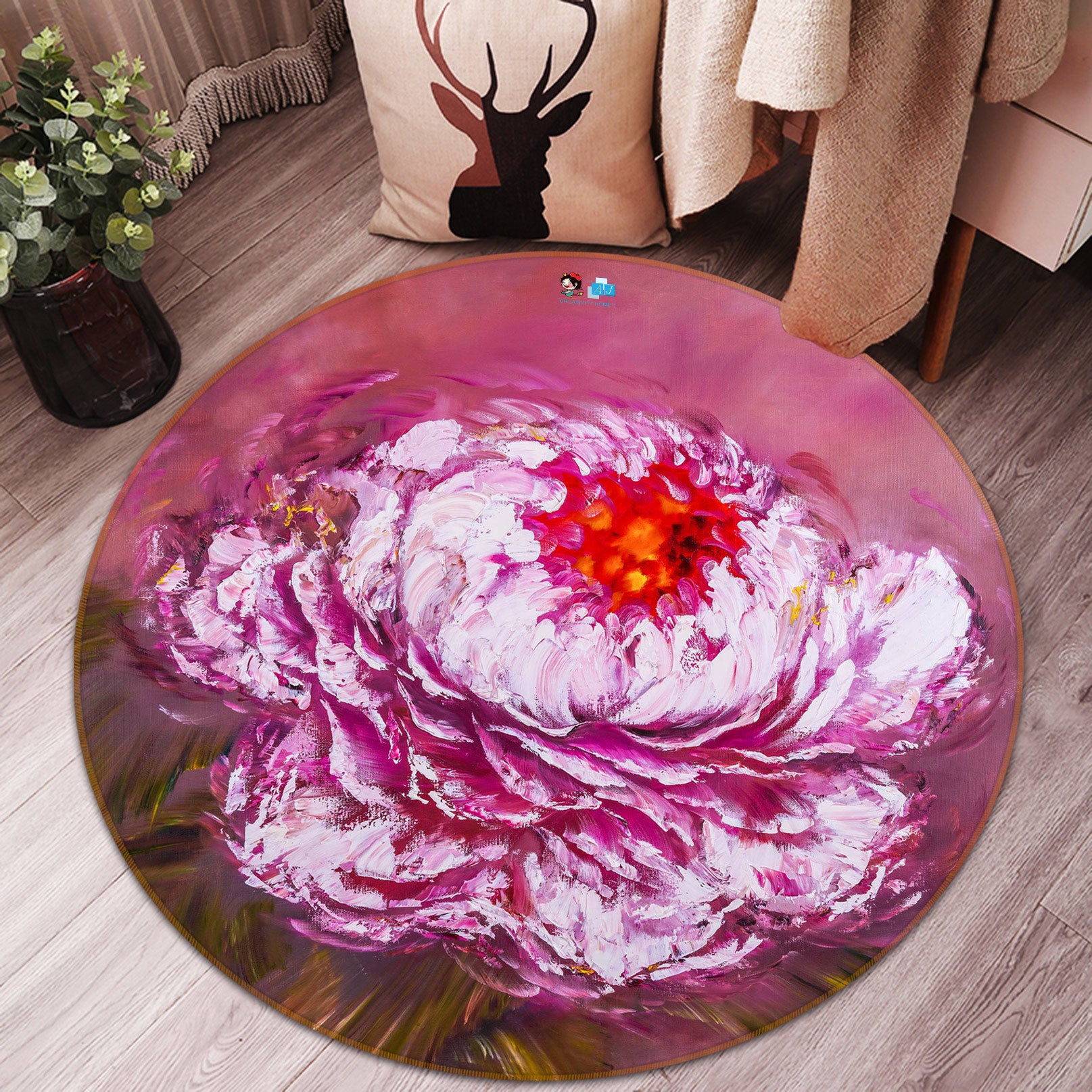 3D Pink Flower 747 Skromova Marina Rug Round Non Slip Rug Mat