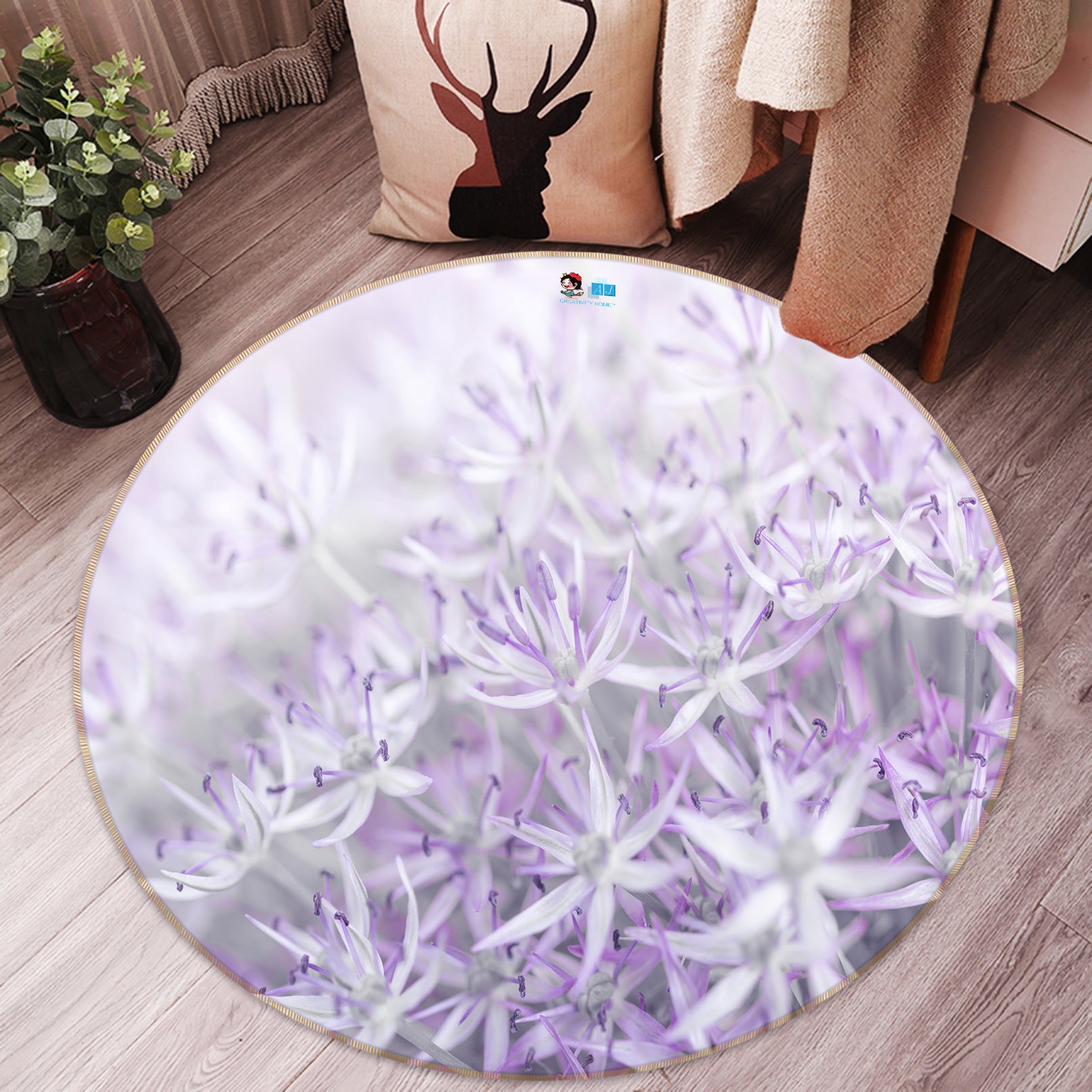 3D Purple Flower 7563 Assaf Frank Rug Round Non Slip Rug Mat
