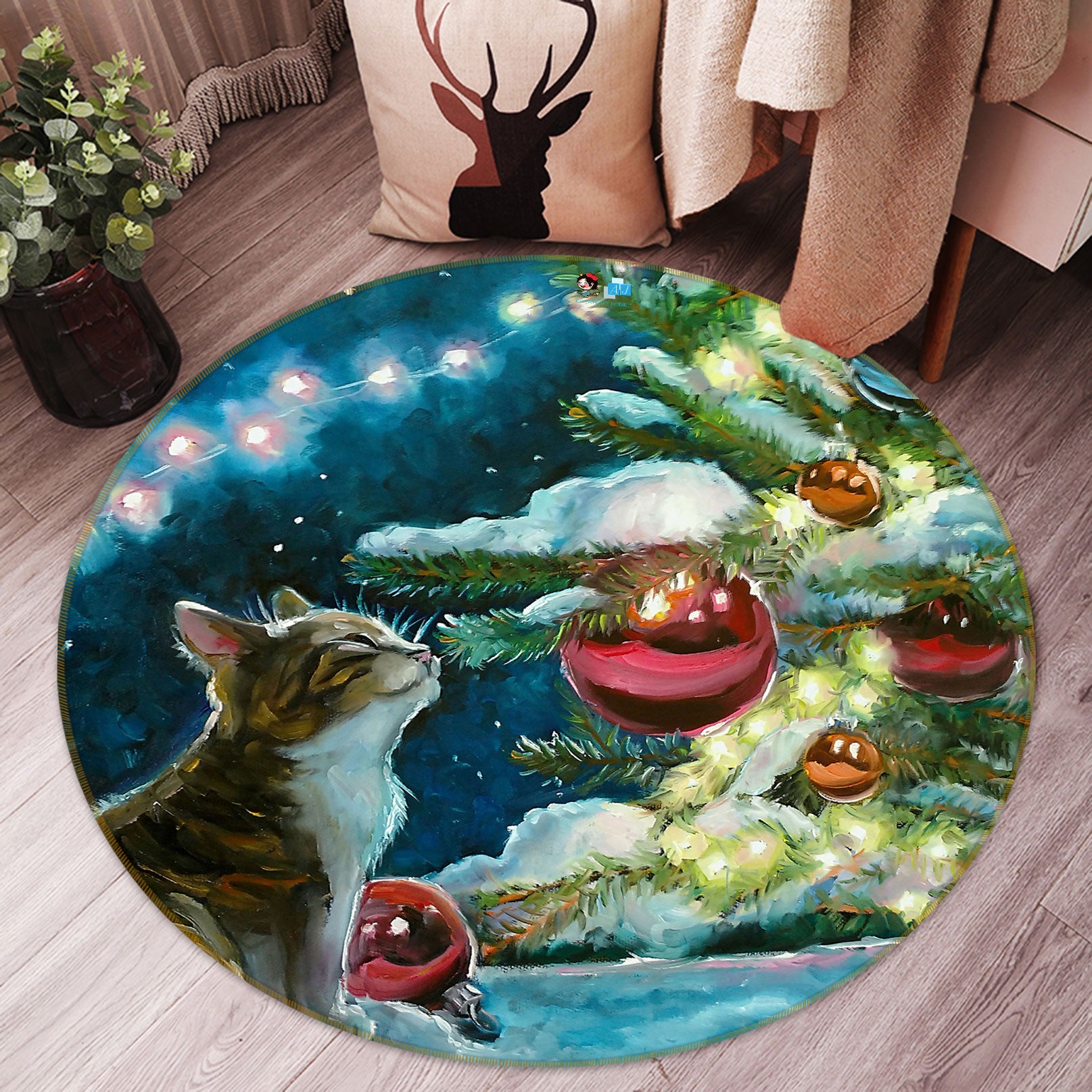 3D Cat Tree Ball 55234 Christmas Round Non Slip Rug Mat Xmas