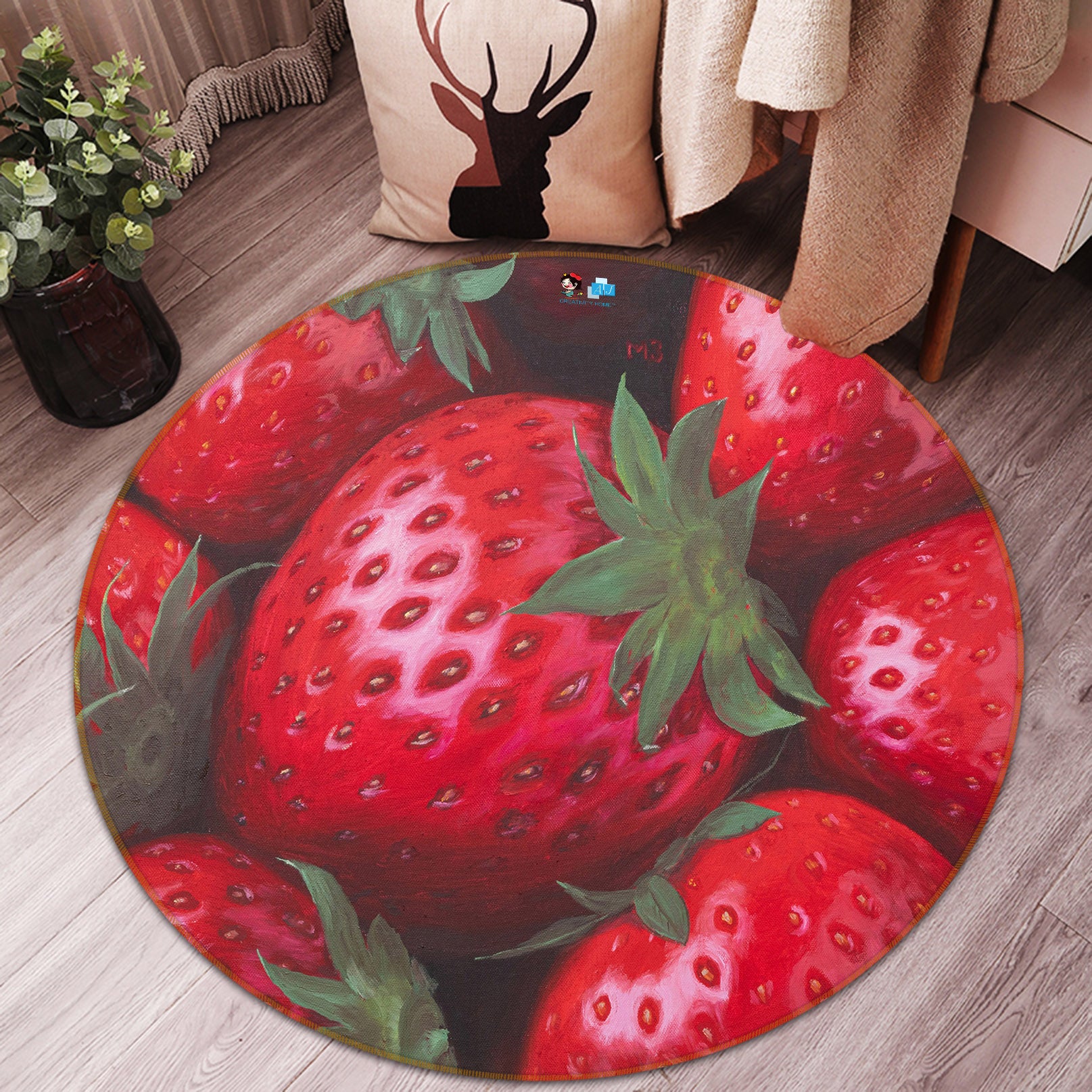 3D Strawberry 18161 Marina Zotova Rug Round Non Slip Rug Mat