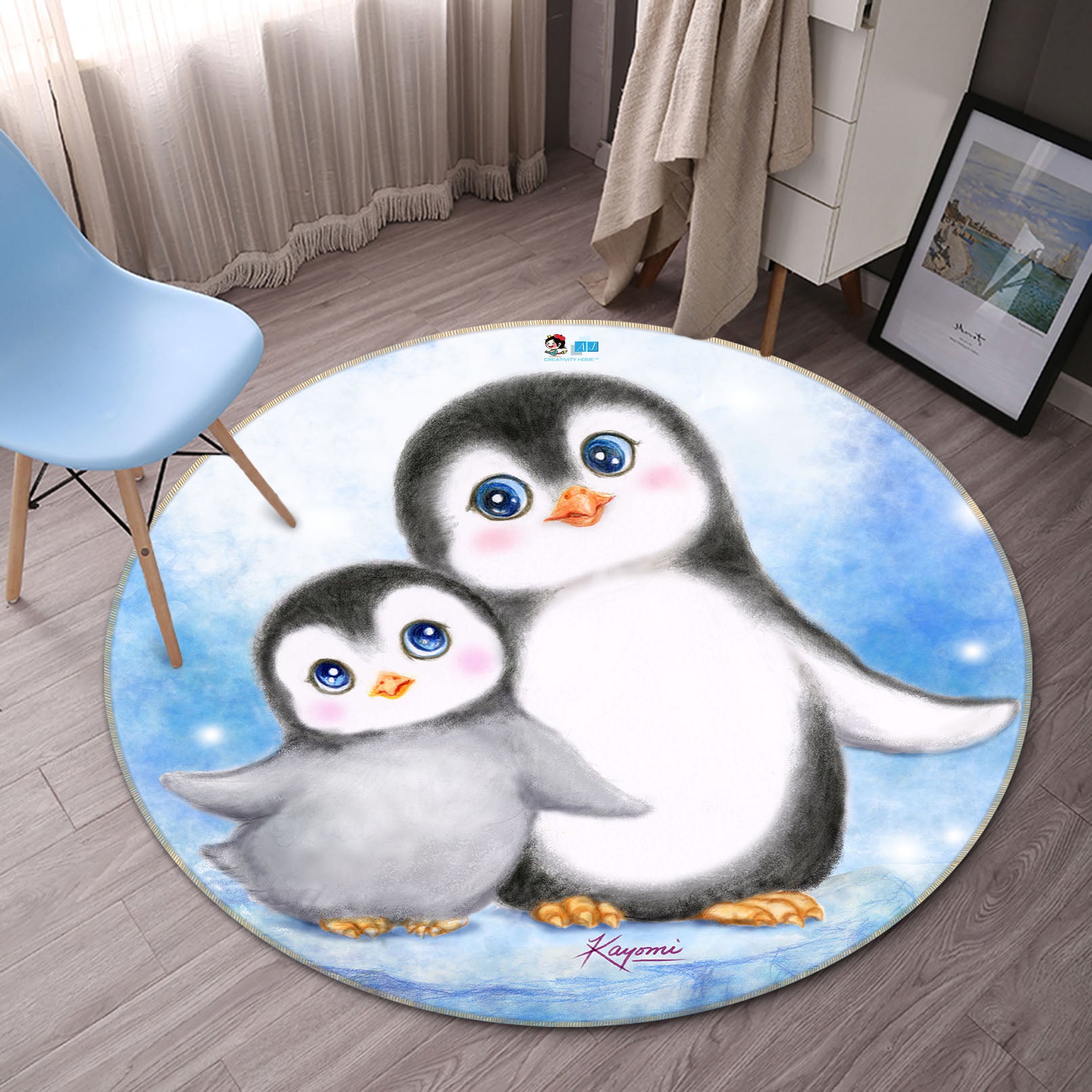 3D Cute Penguin 6050 Kayomi Harai Rug Round Non Slip Rug Mat