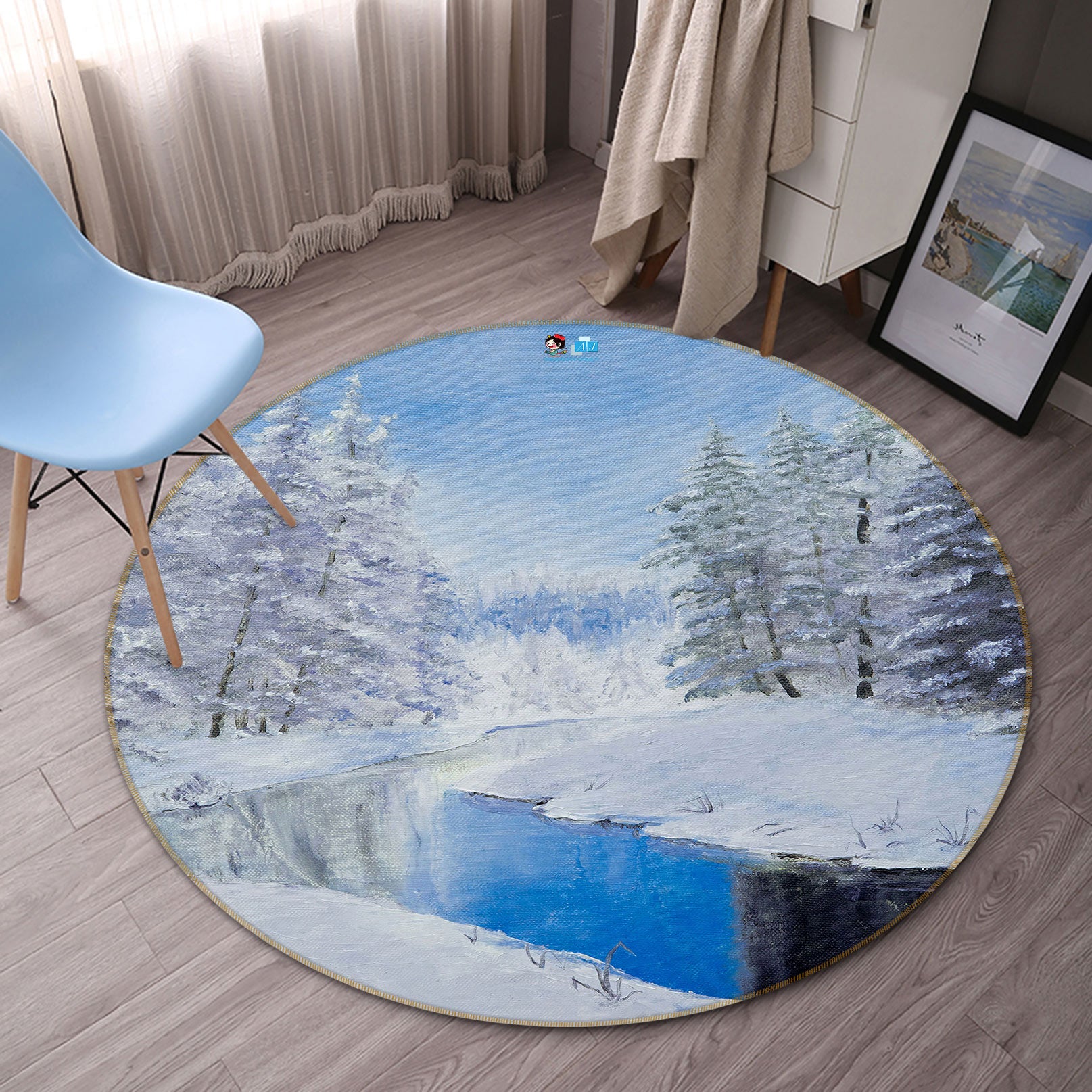 3D Snowy Tree Creek 9754 Marina Zotova Rug Round Non Slip Rug Mat