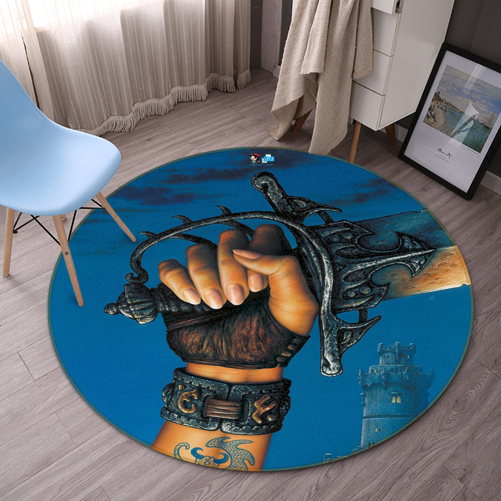 3D Sword In Hand 6059 Ciruelo Rug Round Non Slip Rug Mat