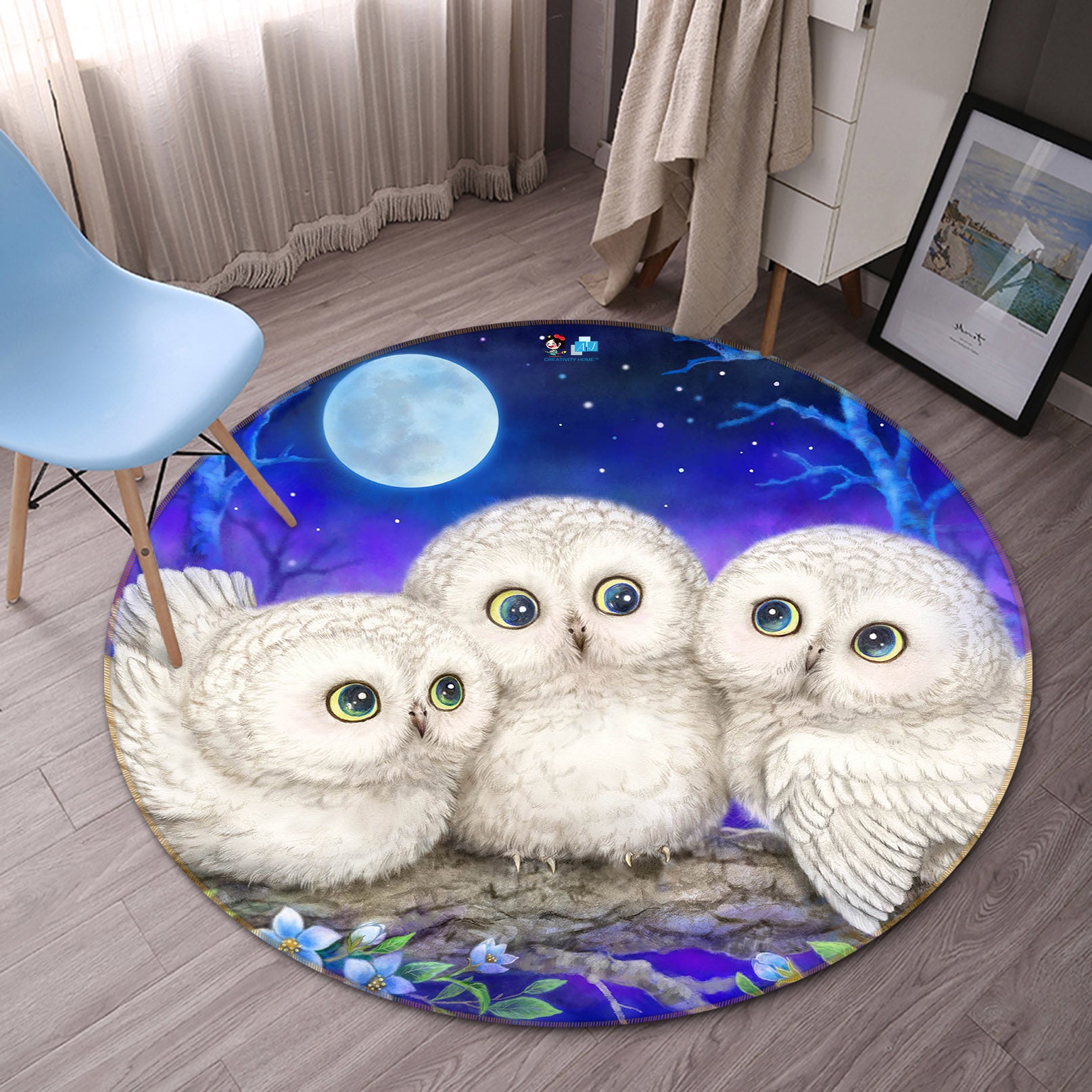 3D Owl Moon 6049 Kayomi Harai Rug Round Non Slip Rug Mat