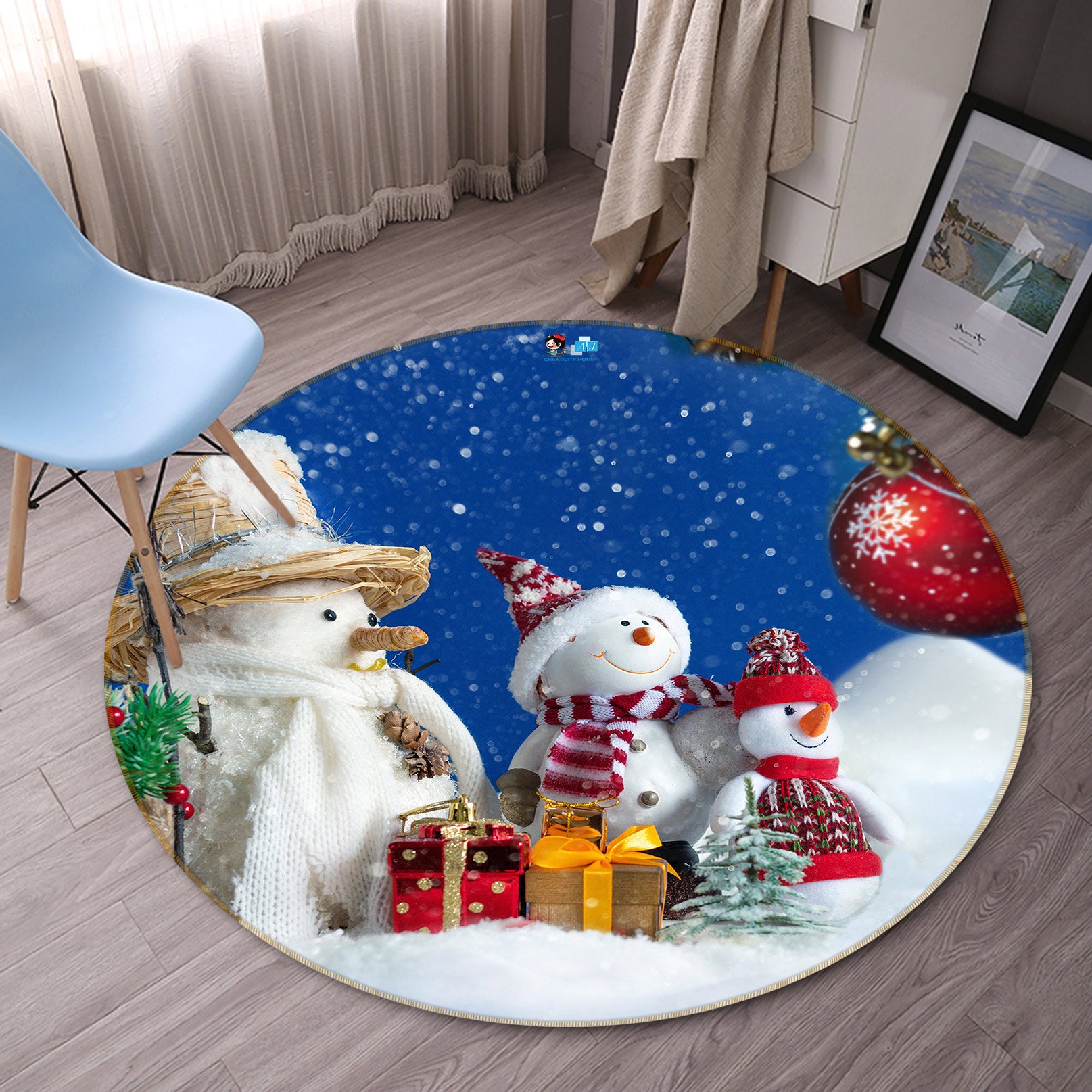 3D Snowman 55253 Christmas Round Non Slip Rug Mat Xmas