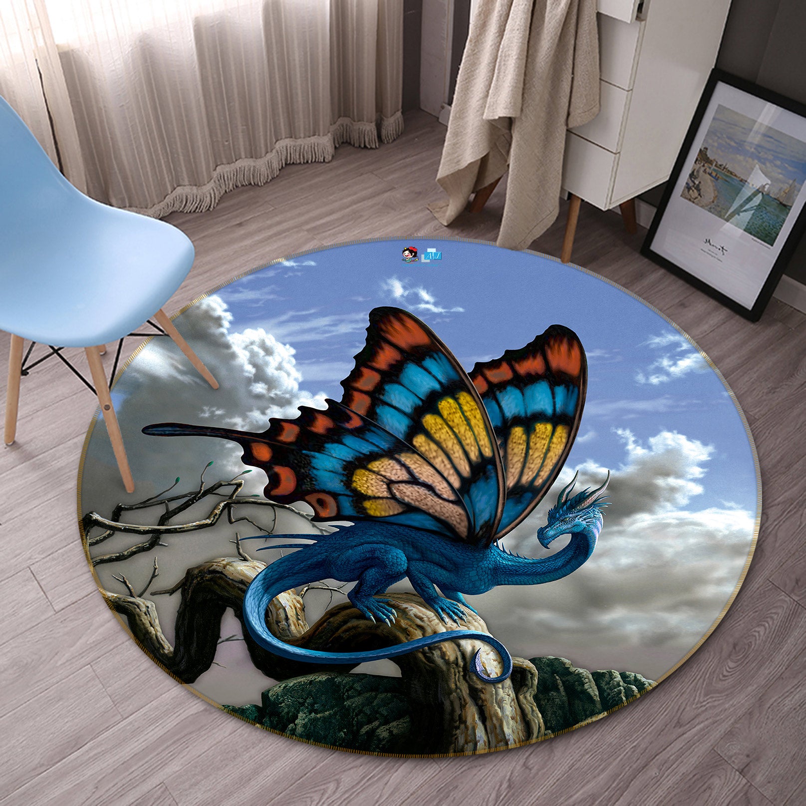 3D Butterfly Wings Blue Dragon 6158 Ciruelo Rug Round Non Slip Rug Mat