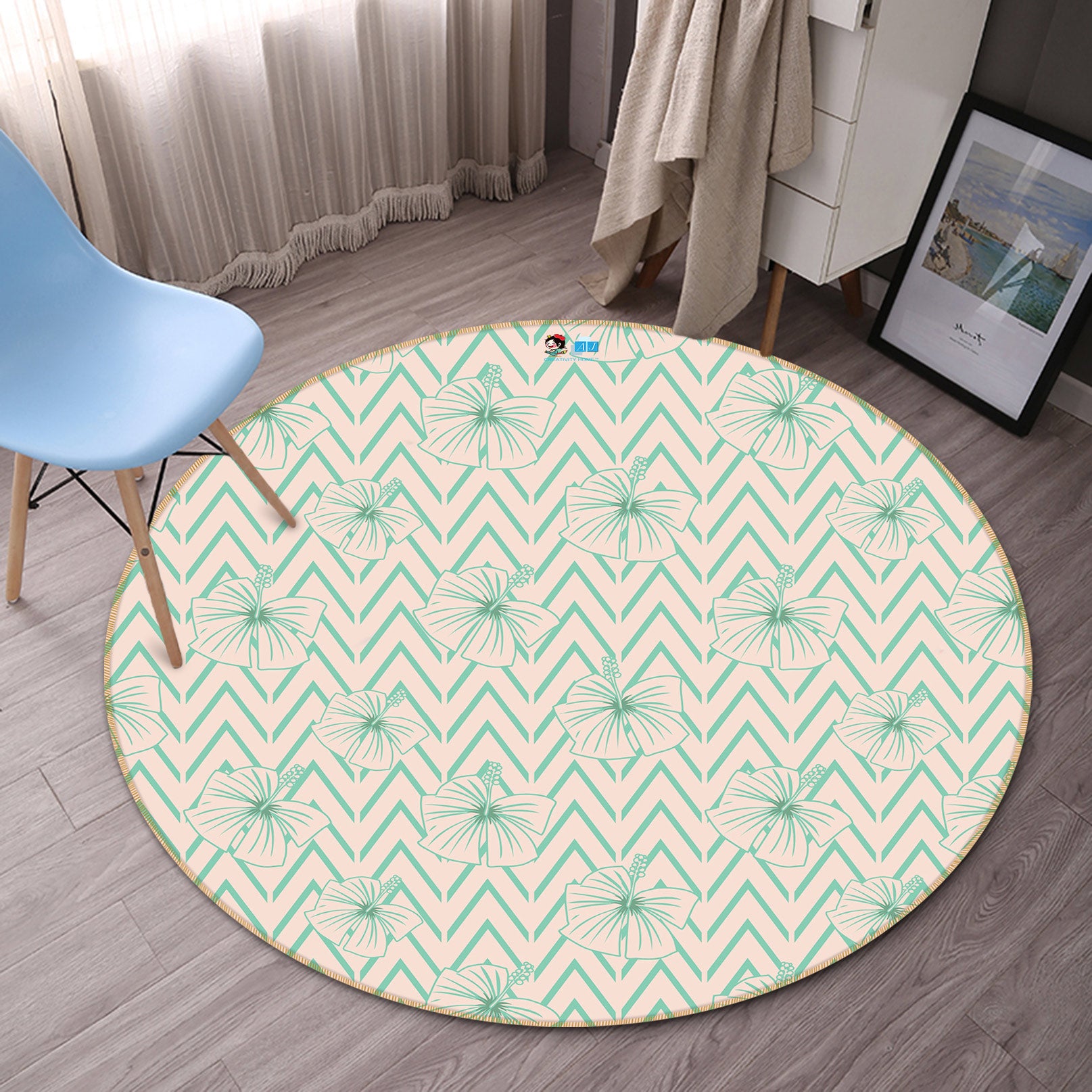 3D Green Flower Stripes 9892 Kasumi Loffler Rug Round Non Slip Rug Mat