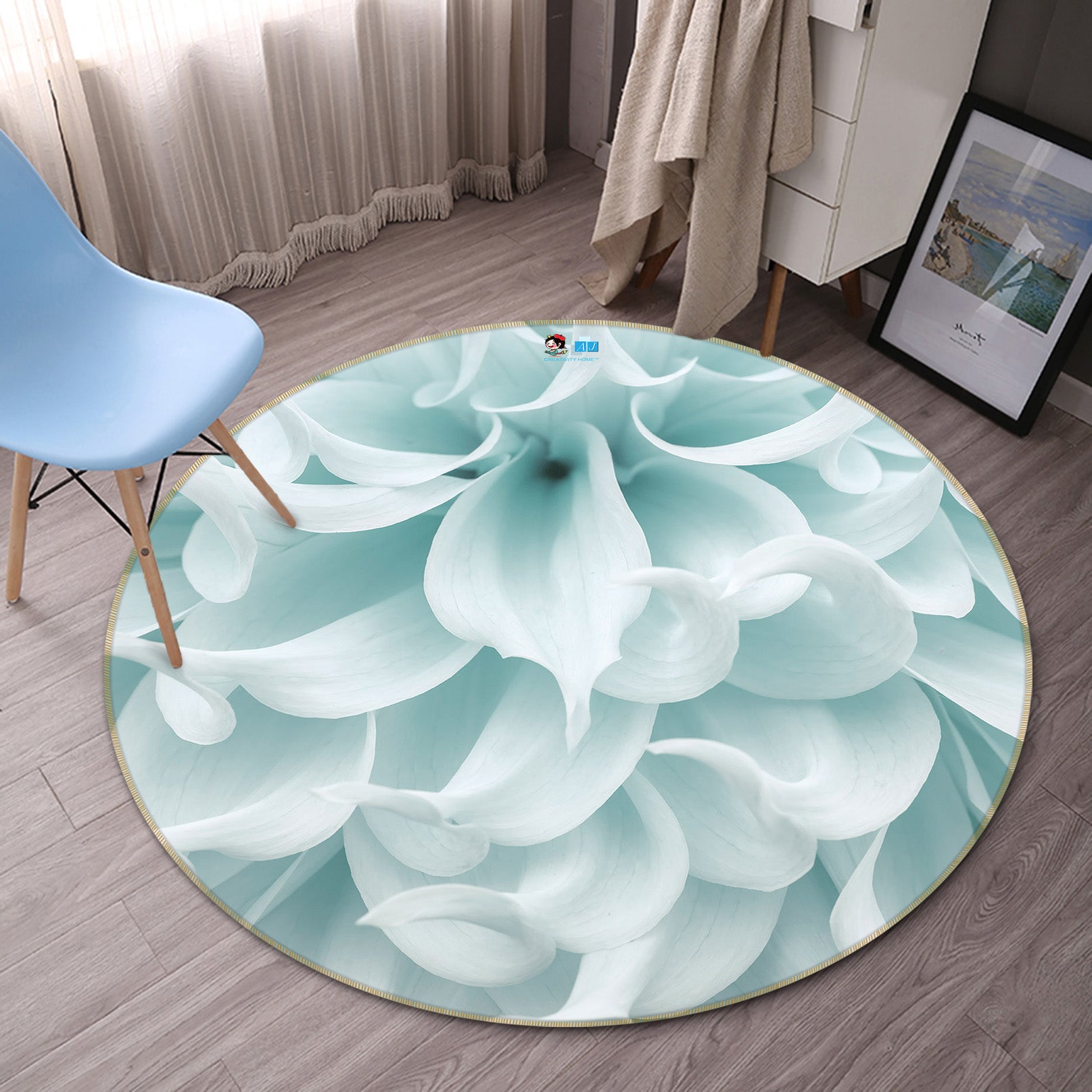 3D Light Blue Flower 7413 Assaf Frank Rug Round Non Slip Rug Mat