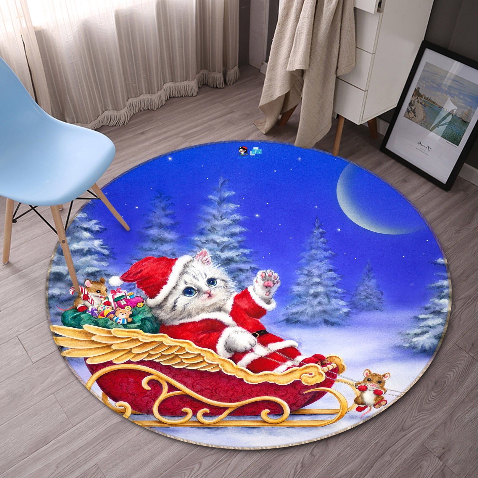 3D Christmas Cat Moon 6060 Kayomi Harai Rug Round Non Slip Rug Mat