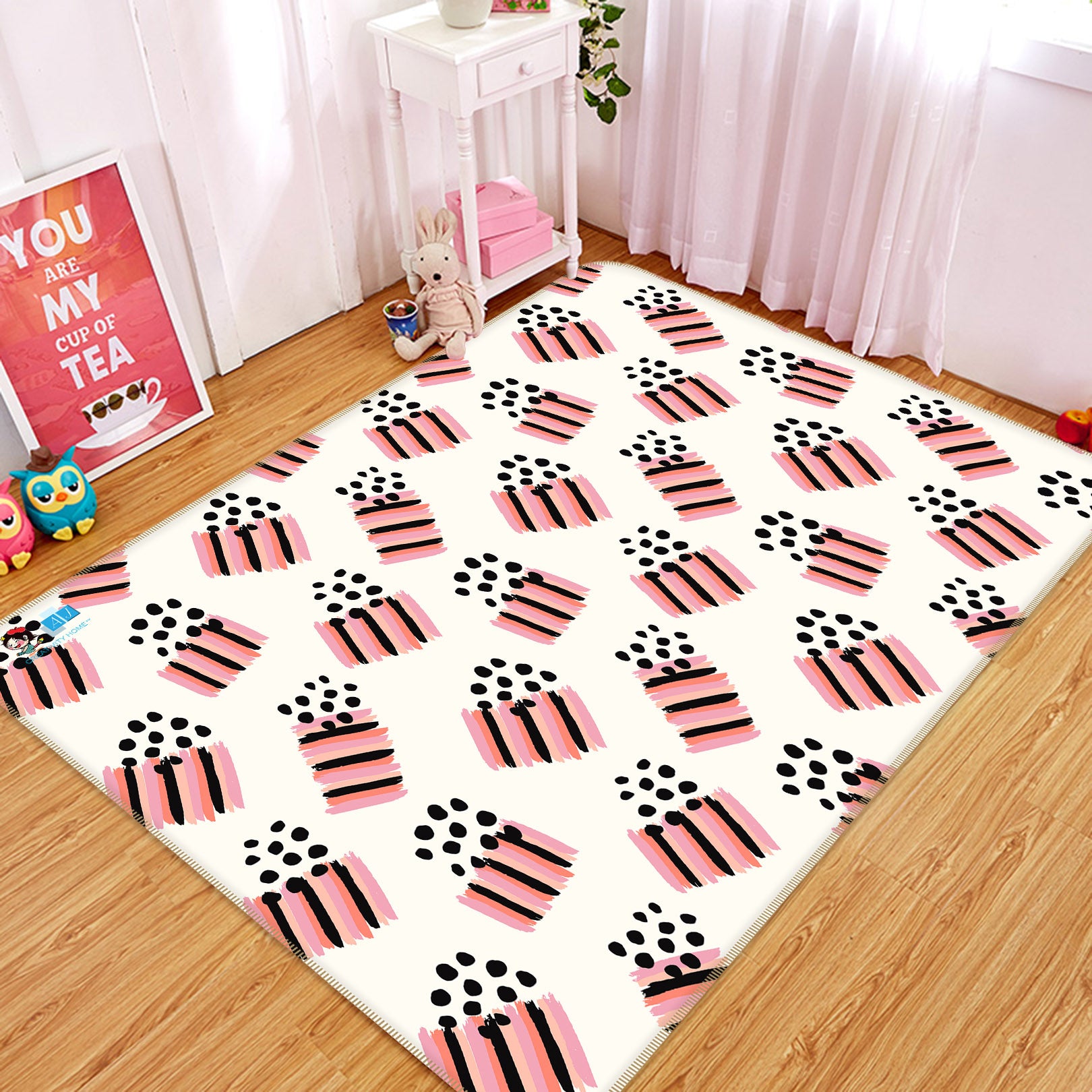 3D Black Pink Stripes Black Dots 107141 Kashmira Jayaprakash Rug Non Slip Rug Mat