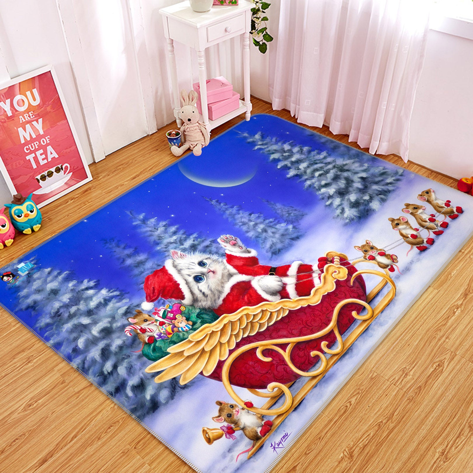 3D Christmas Cat Moon 5744 Kayomi Harai Rug Non Slip Rug Mat