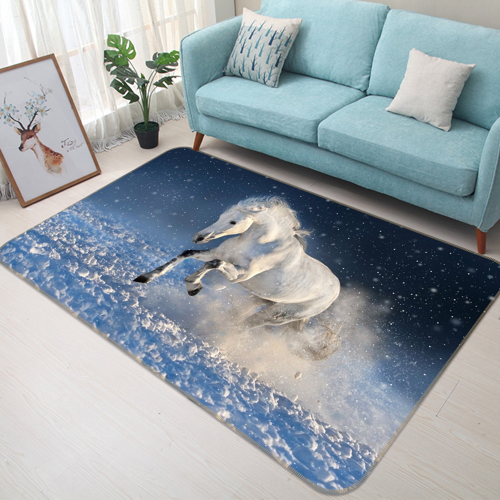 3D White Horse Snow 046 Animal Non Slip Rug Mat
