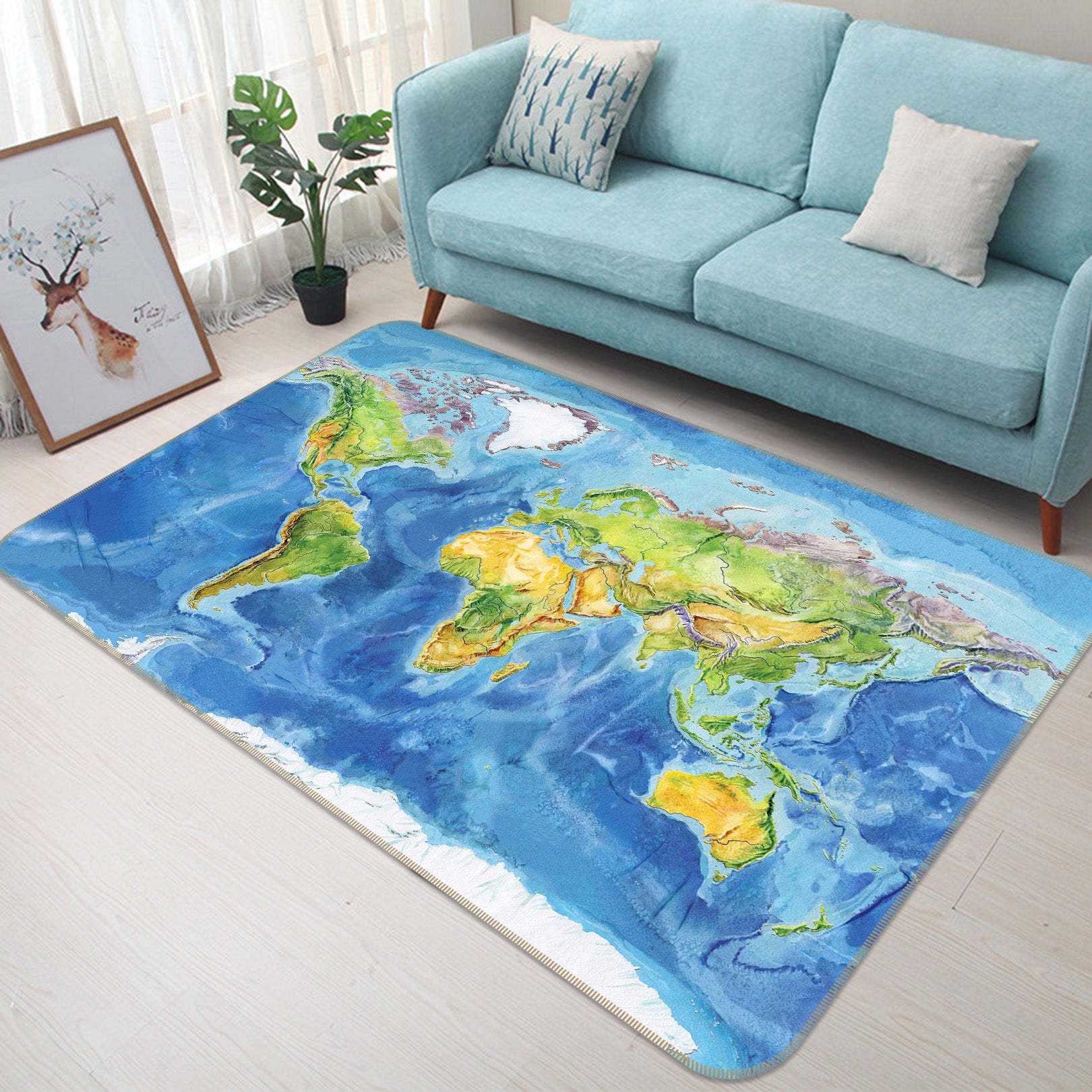 3D Blue Ocean 295 World Map Non Slip Rug Mat