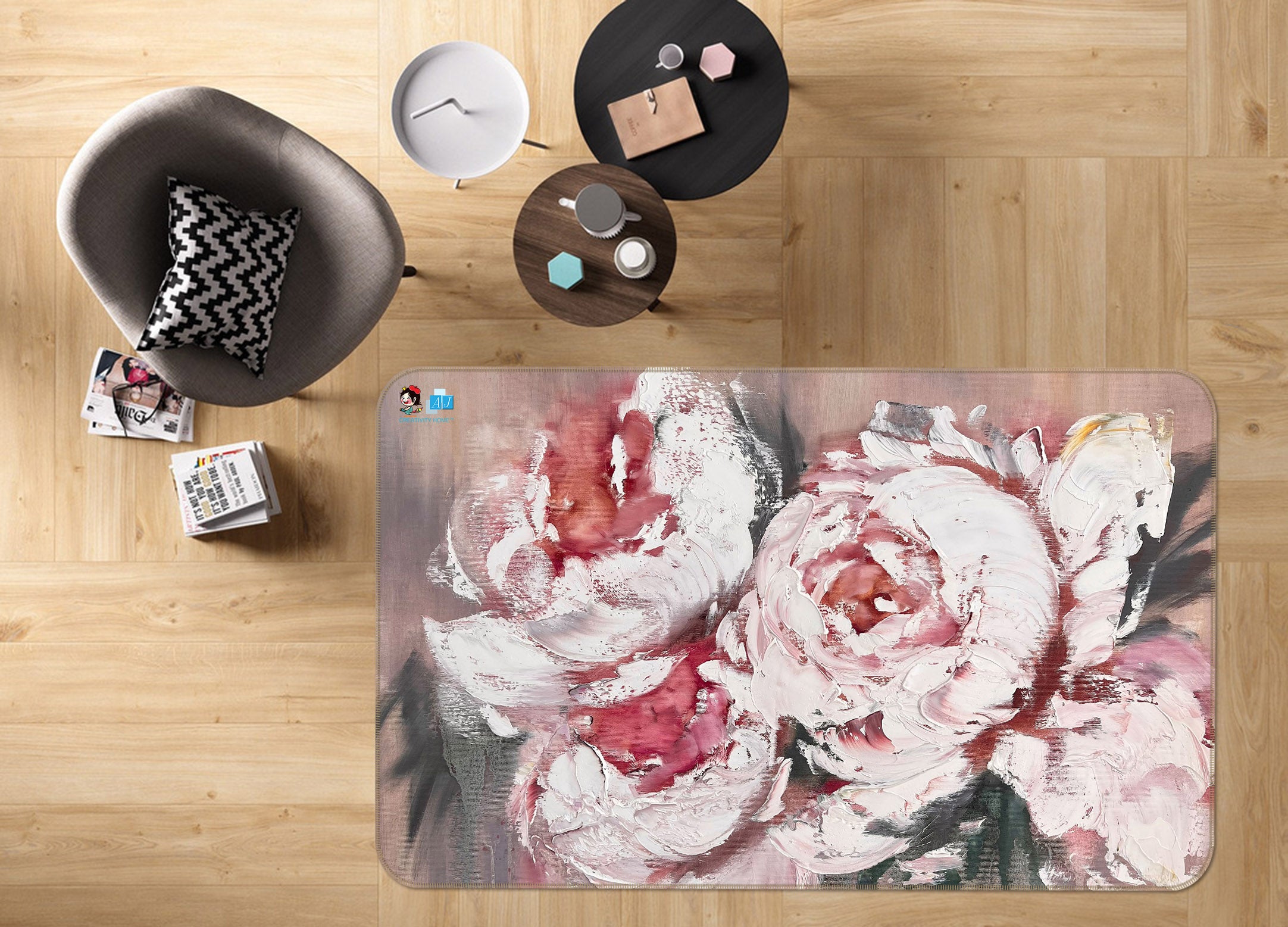 3D Pink Painted Flowers 4105 Skromova Marina Rug Non Slip Rug Mat