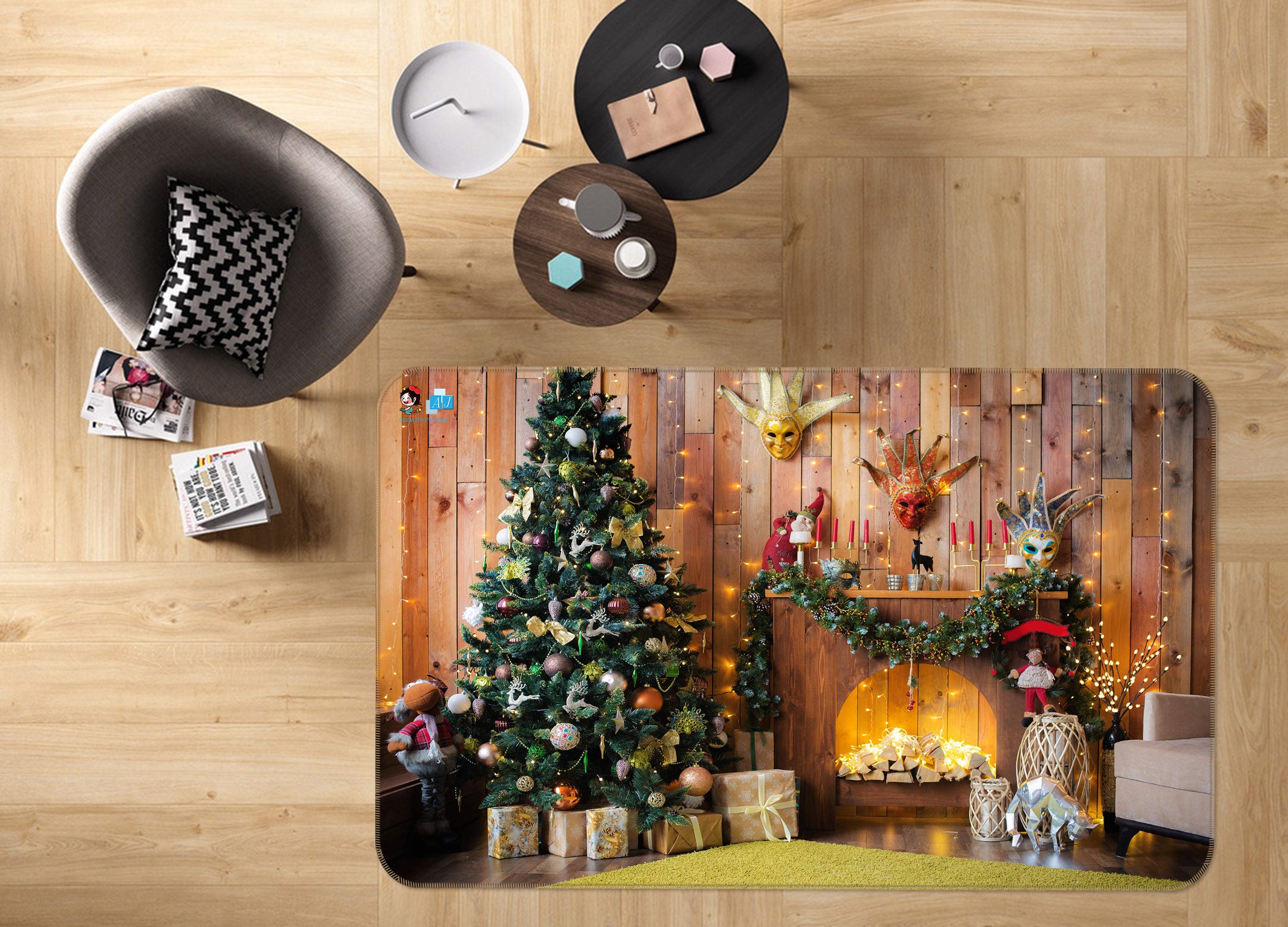 3D Tree Fireplace 56152 Christmas Non Slip Rug Mat Xmas